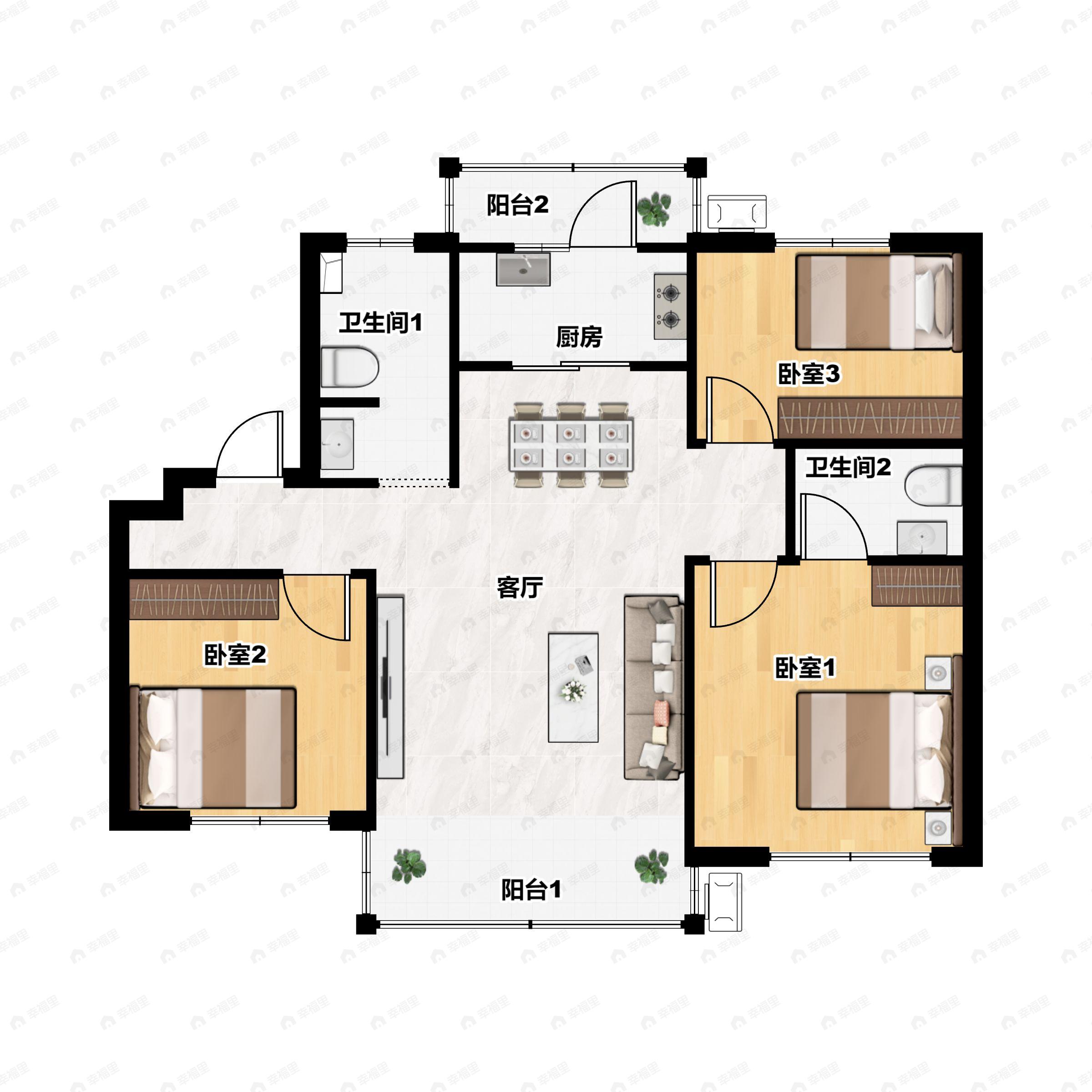 3室2厅2卫建面118平北|南户型图