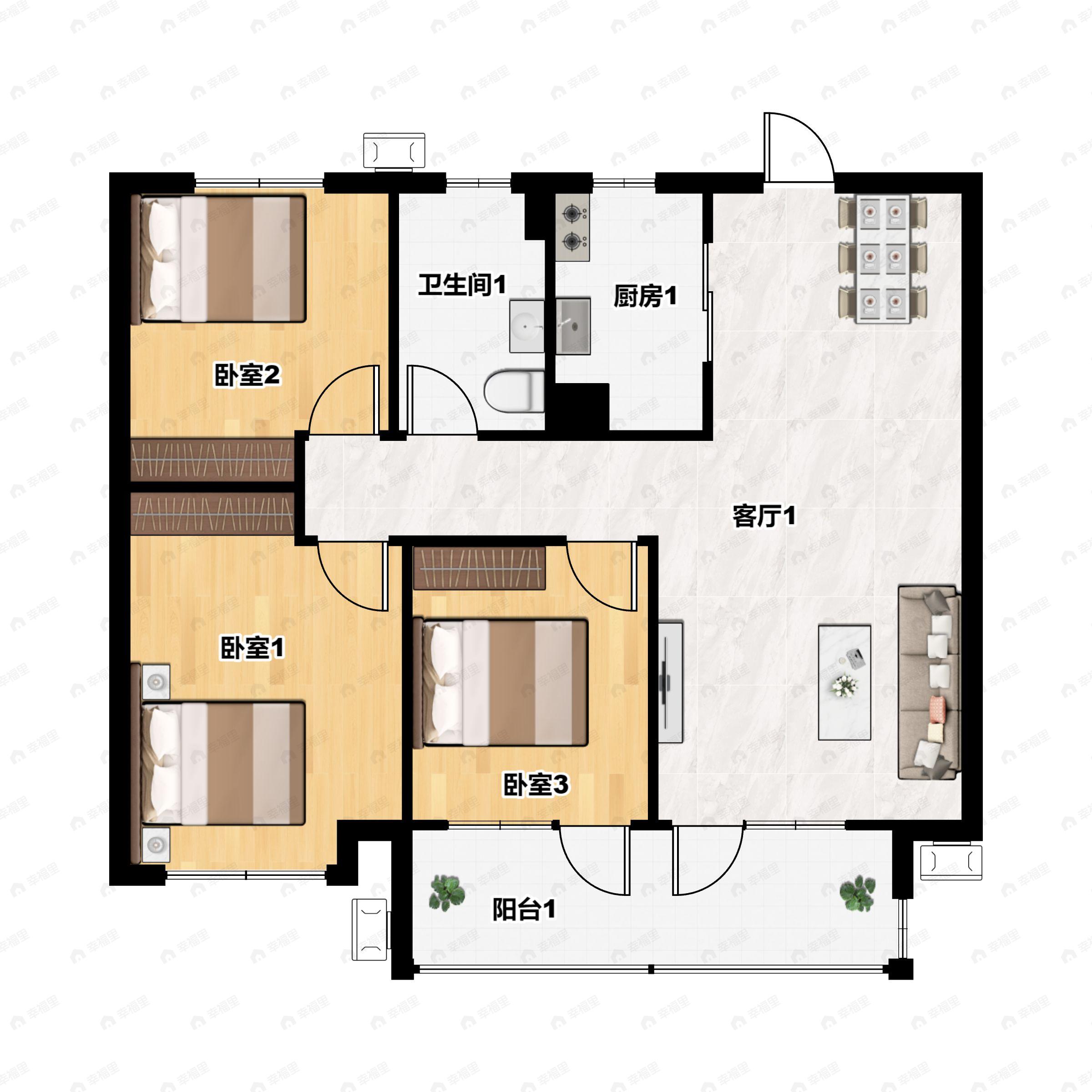 3室2厅1卫建面104m²南户型图