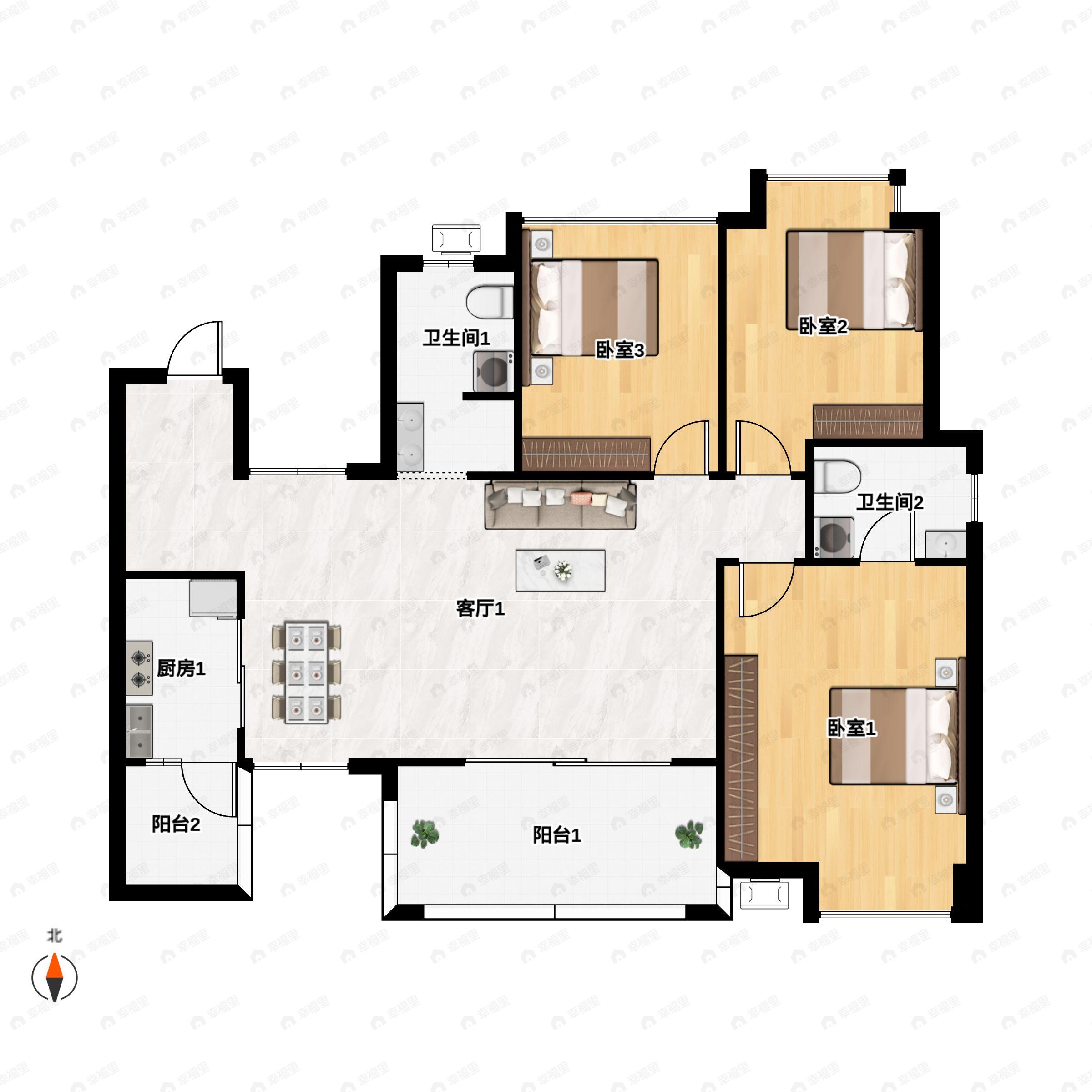 3室2厅2卫建面116平南|北户型图