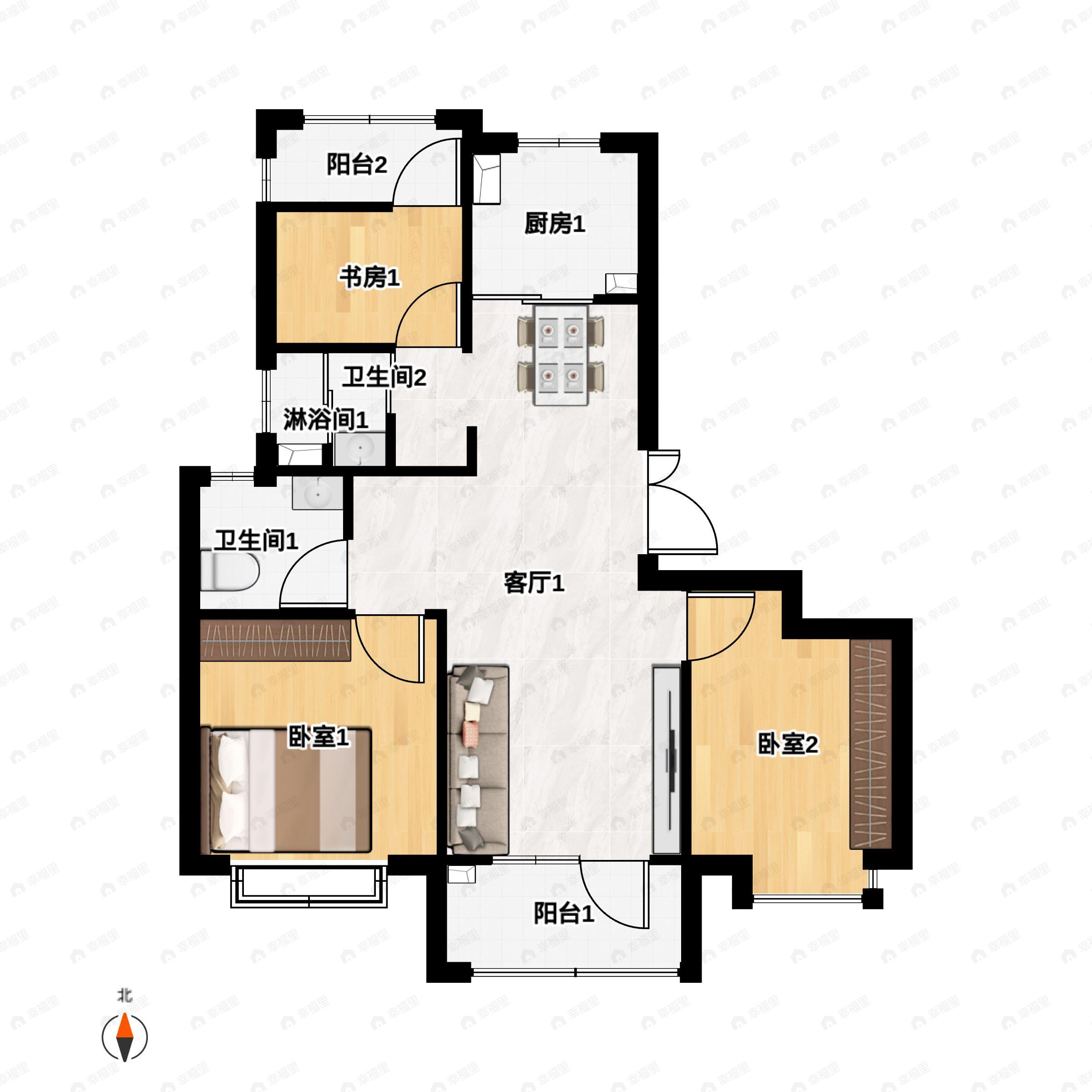 3室2厅2卫建面98平南户型图