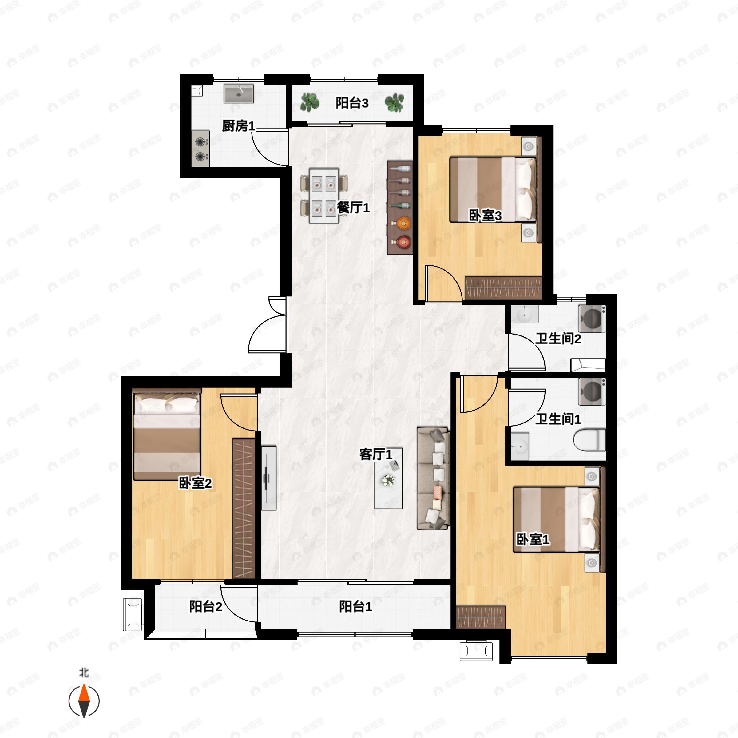 3室2厅2卫建面141m²南|北户型图