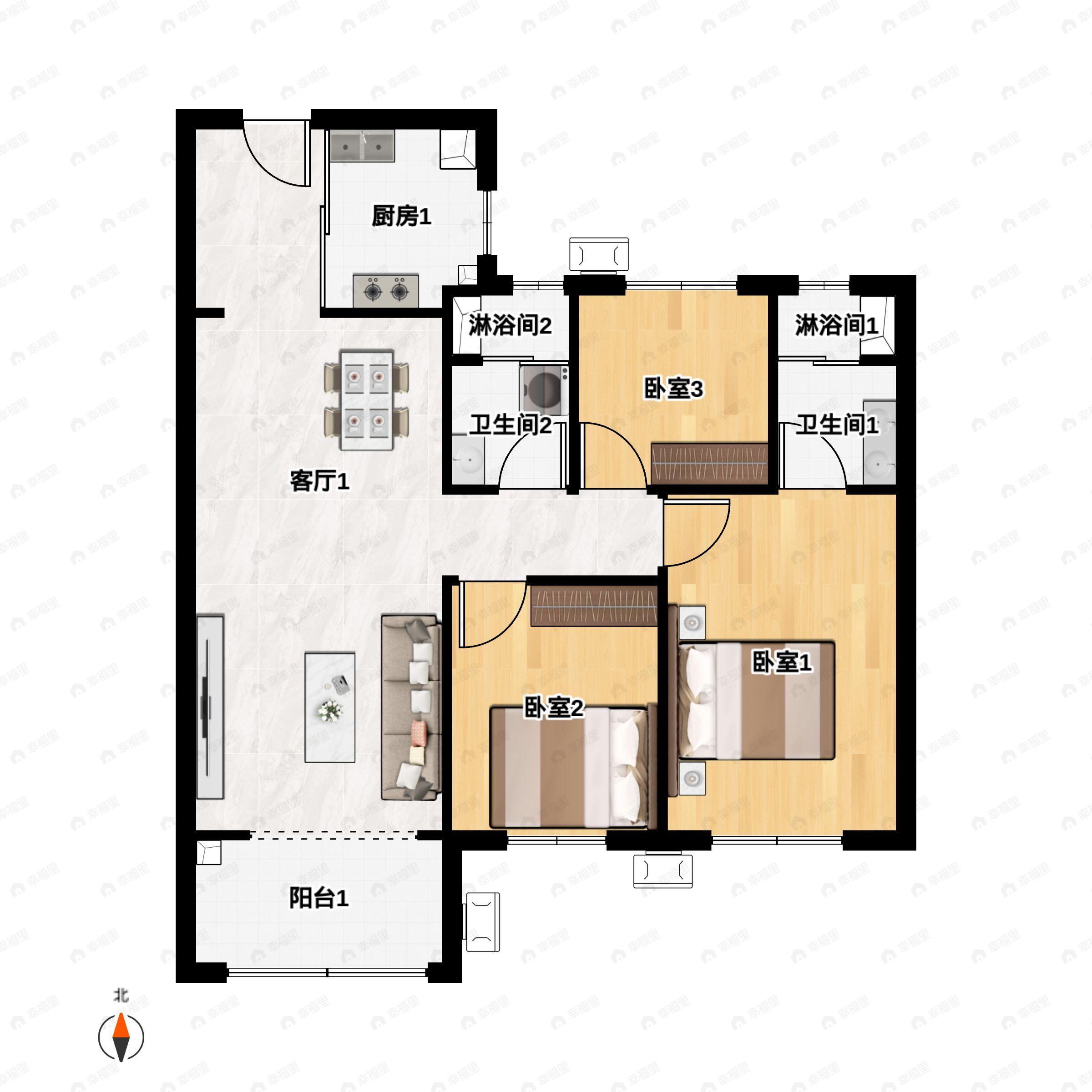 3室2厅2卫建面109平户型图