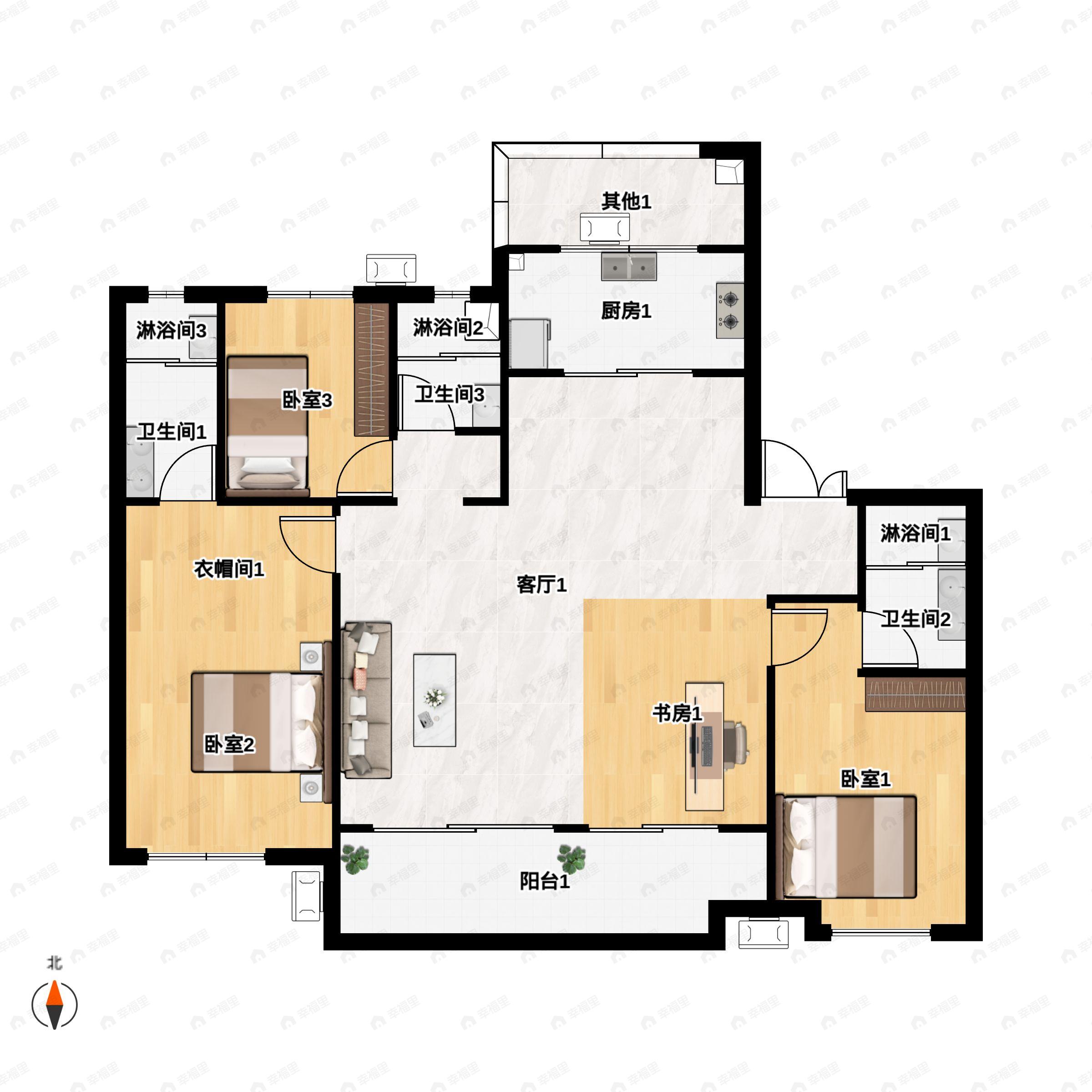 3室2厅3卫建面142m²南户型图