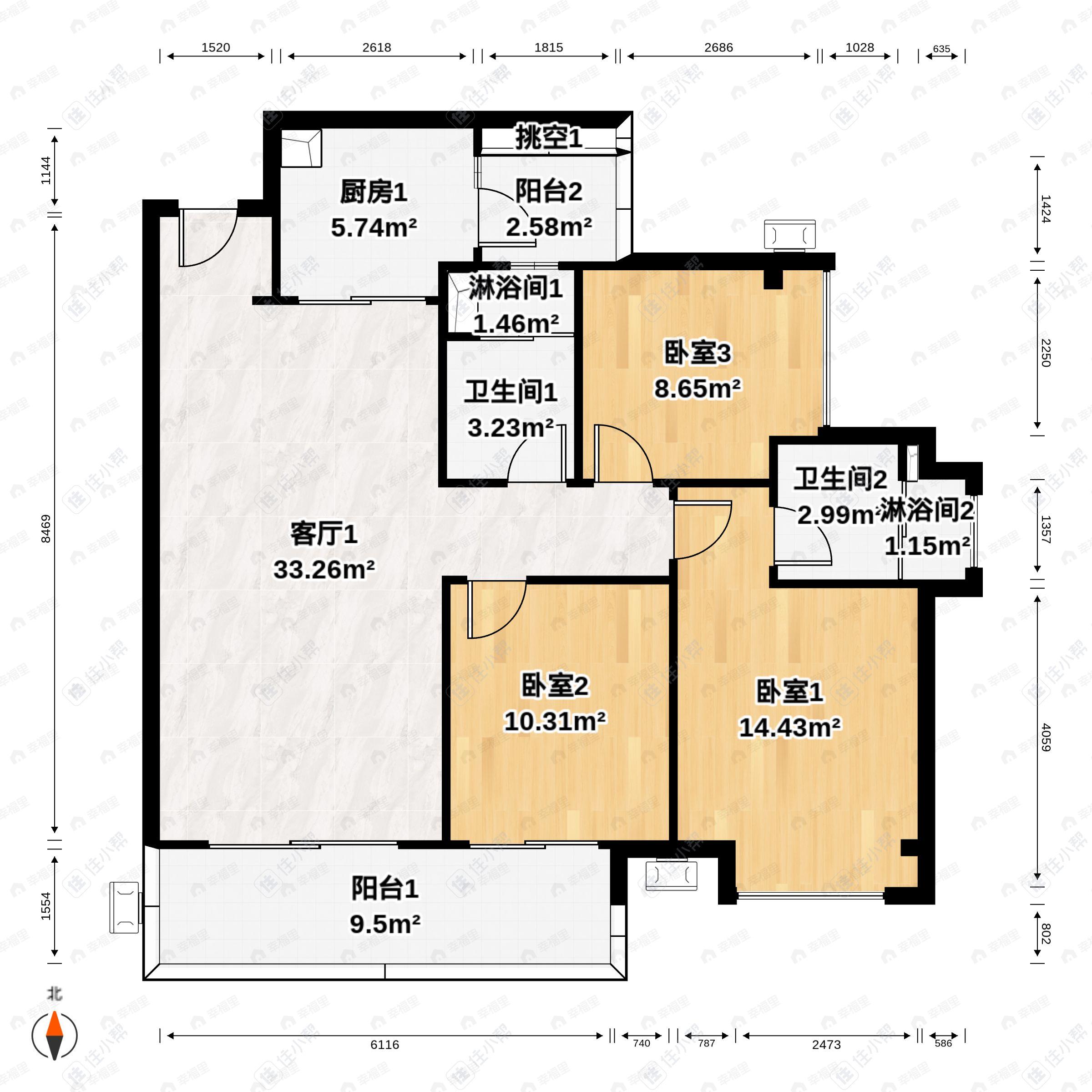 3室2厅2卫建面96平户型图