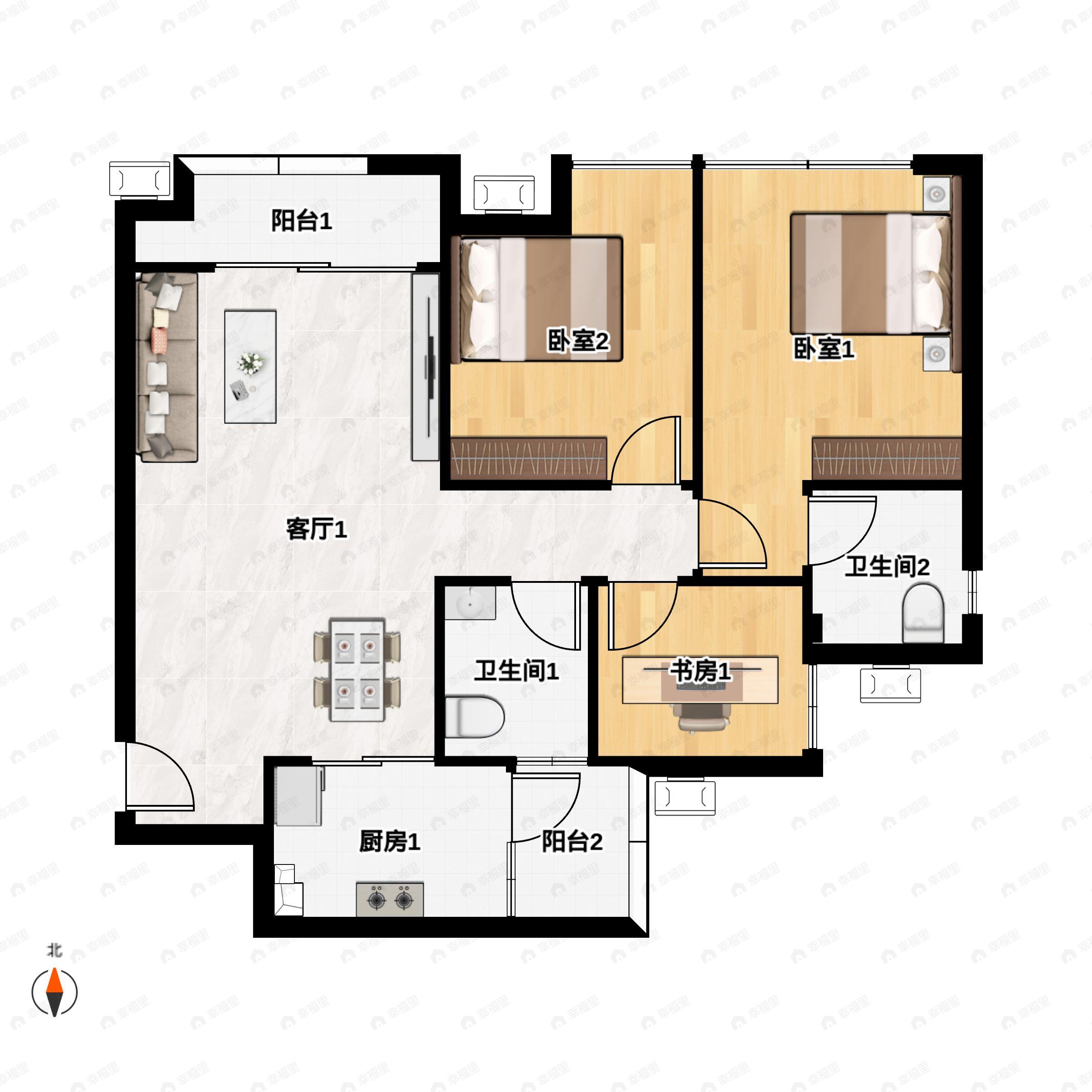 3室2厅2卫建面89m²南户型图