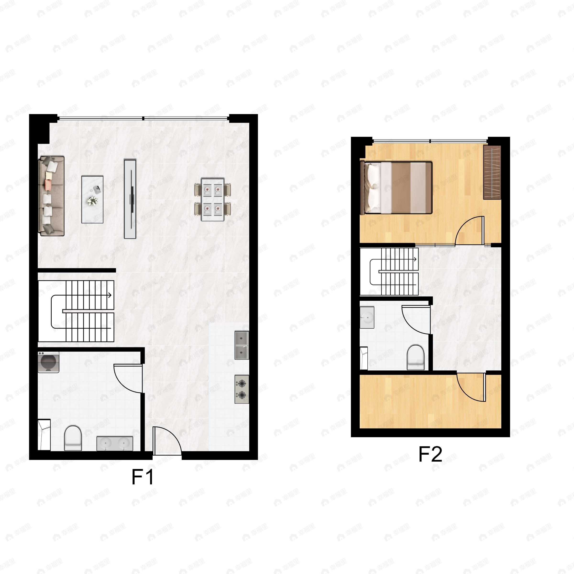 1室2厅2卫建面47平北|西|南|东户型图