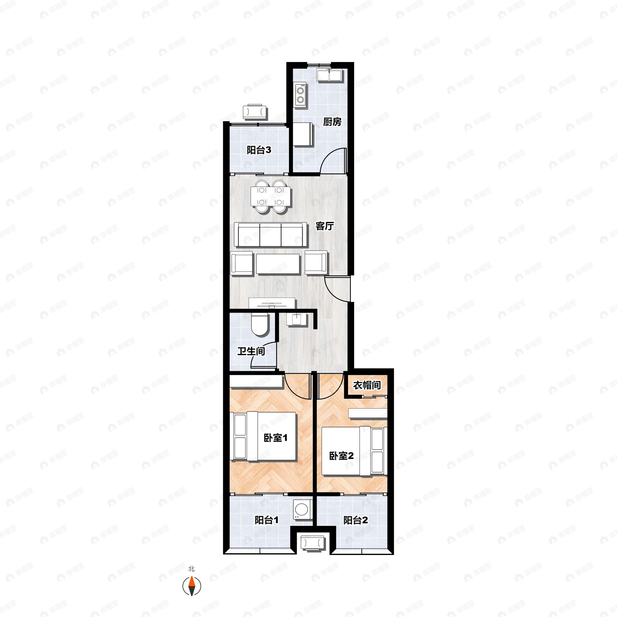 2室2厅1卫建面96平南户型图