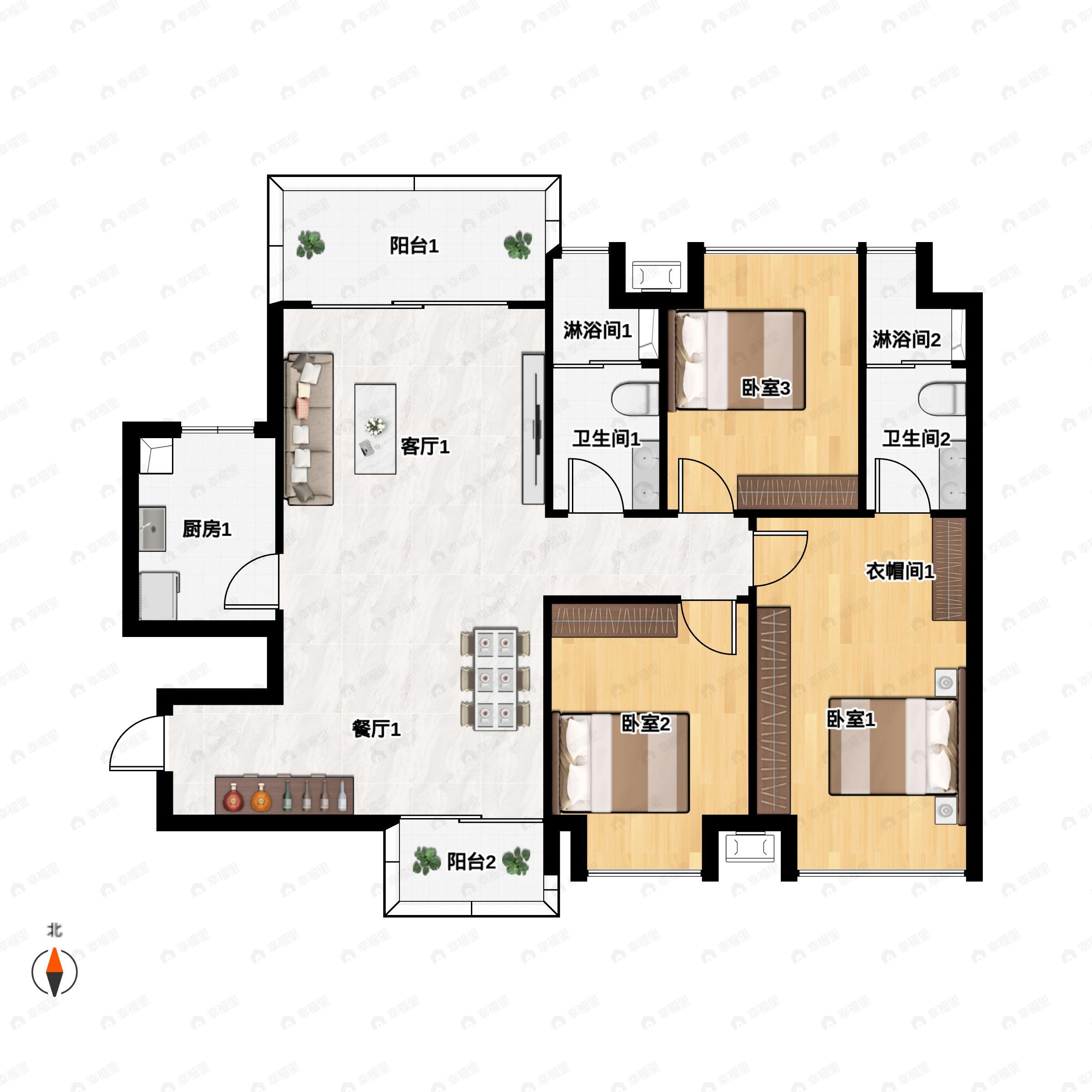 3室2厅2卫建面106m²北|南户型图