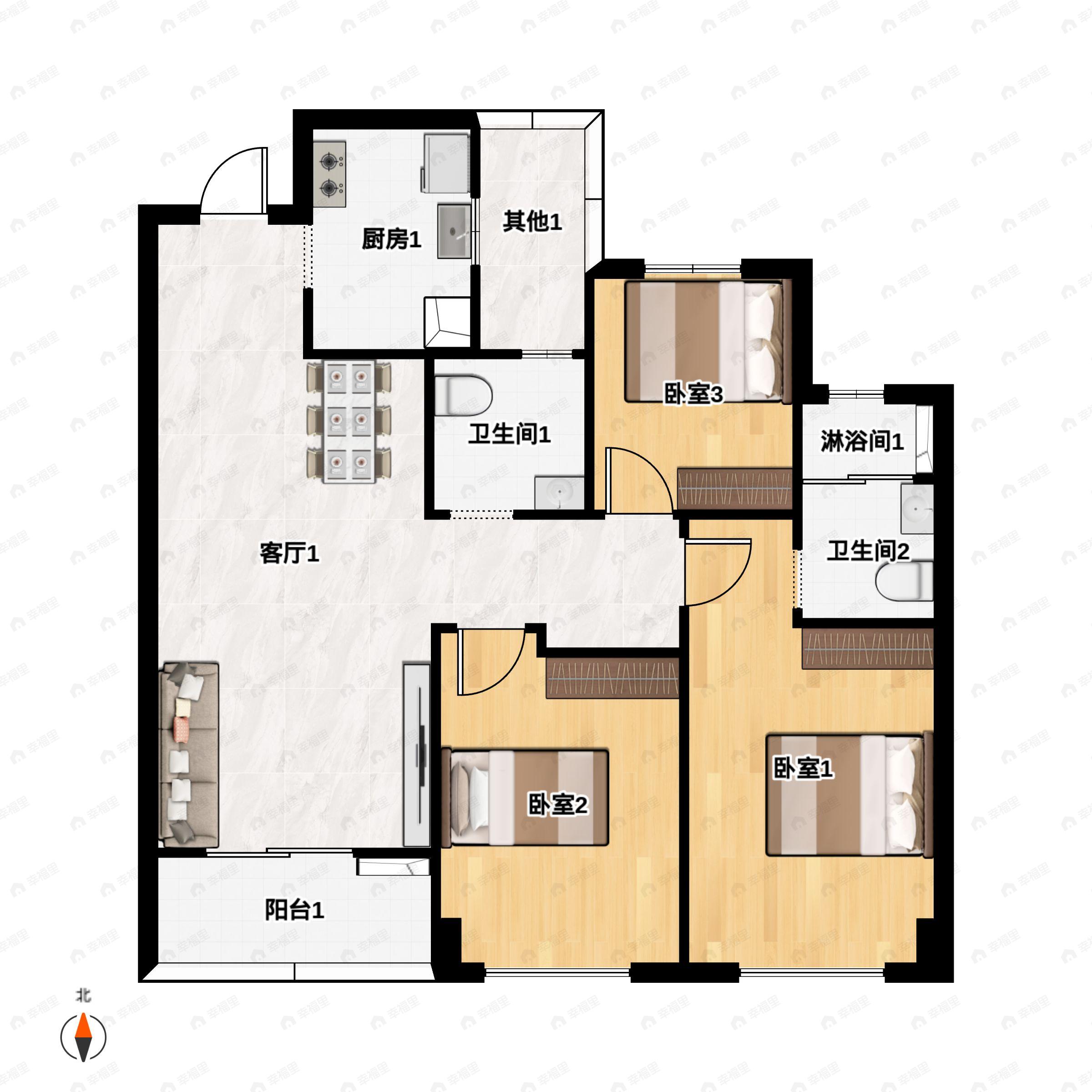 3室2厅2卫建面98平南户型图