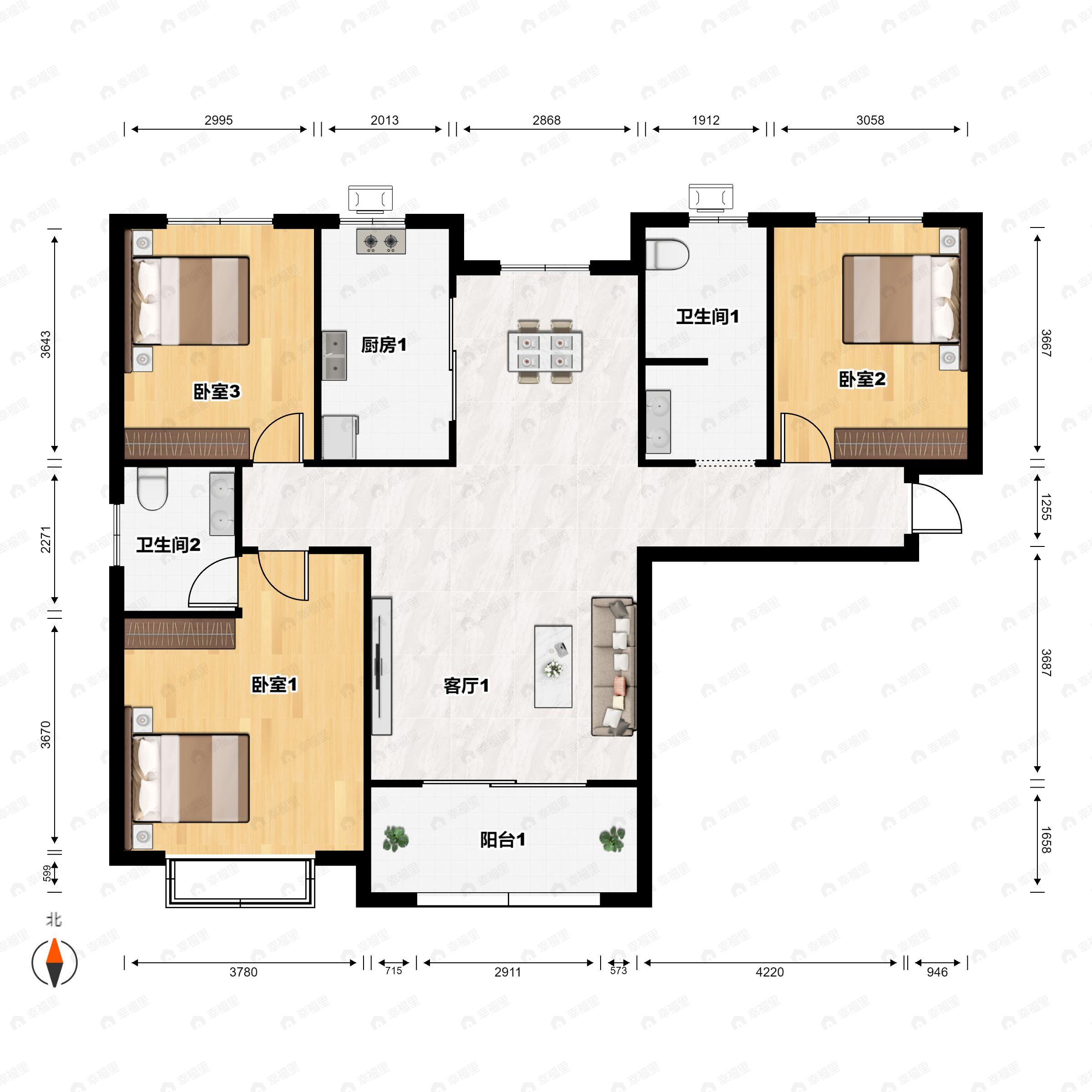 3室2厅2卫建面122m²南户型图