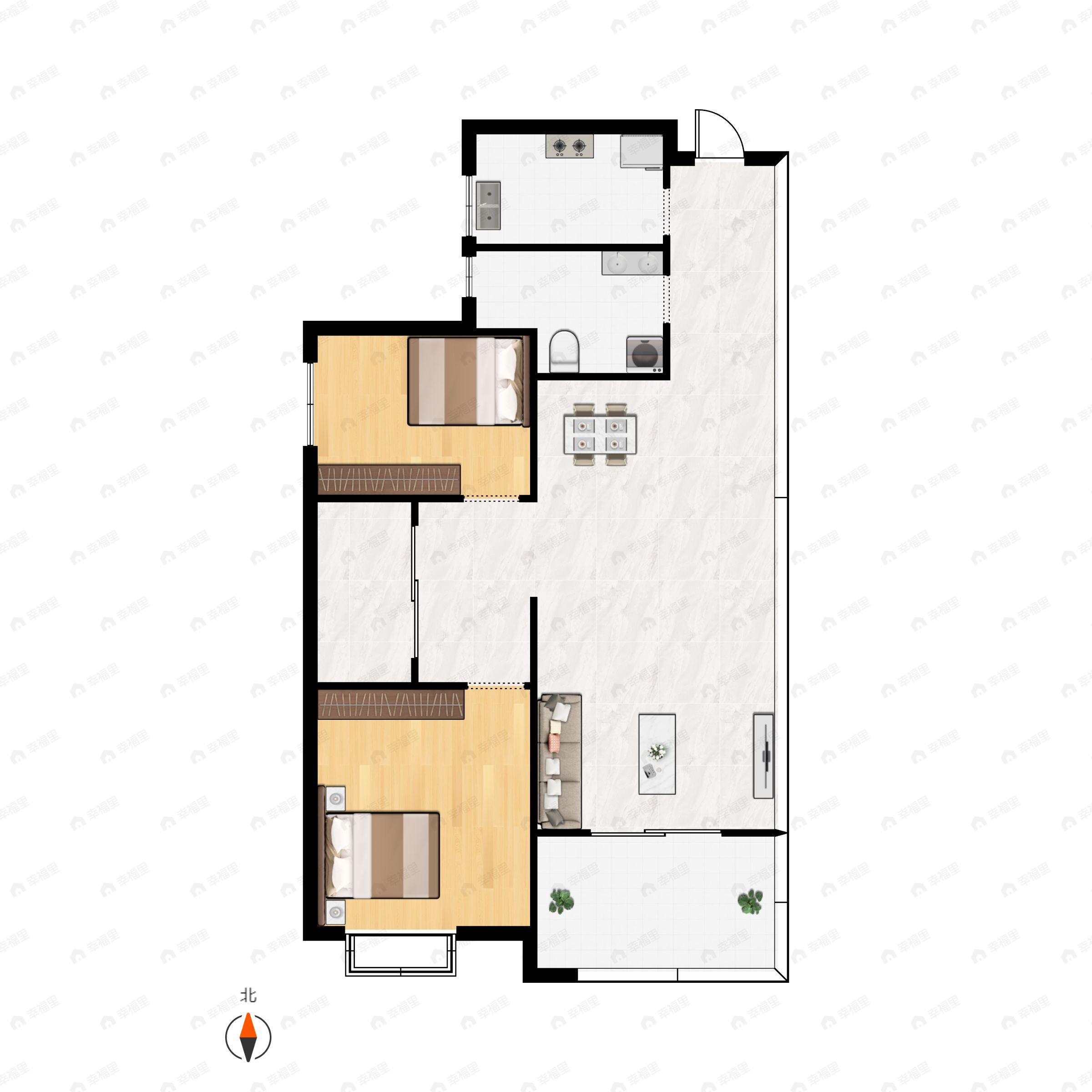 2室2厅1卫建面105m²南户型图