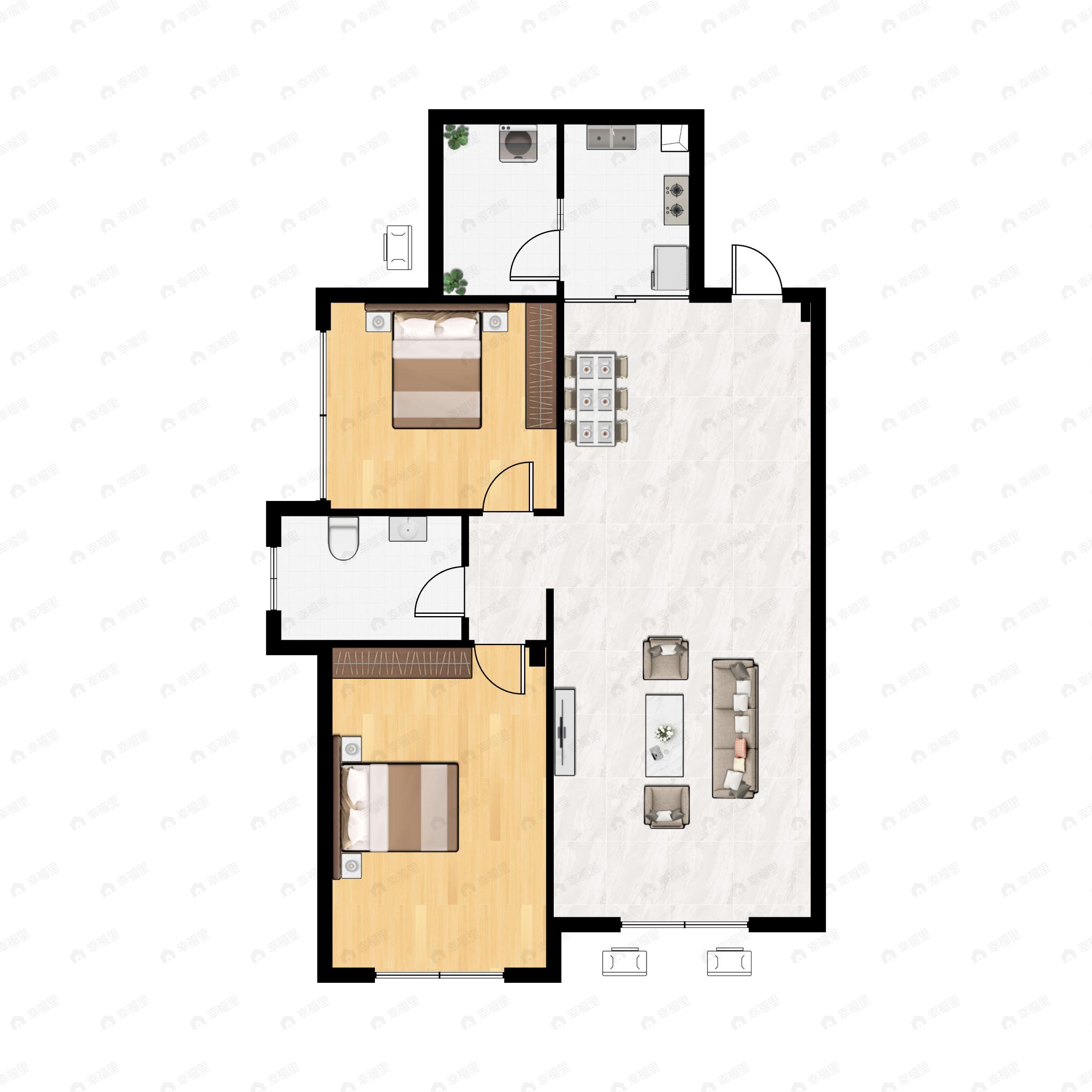 2室2厅1卫建面78m²南户型图