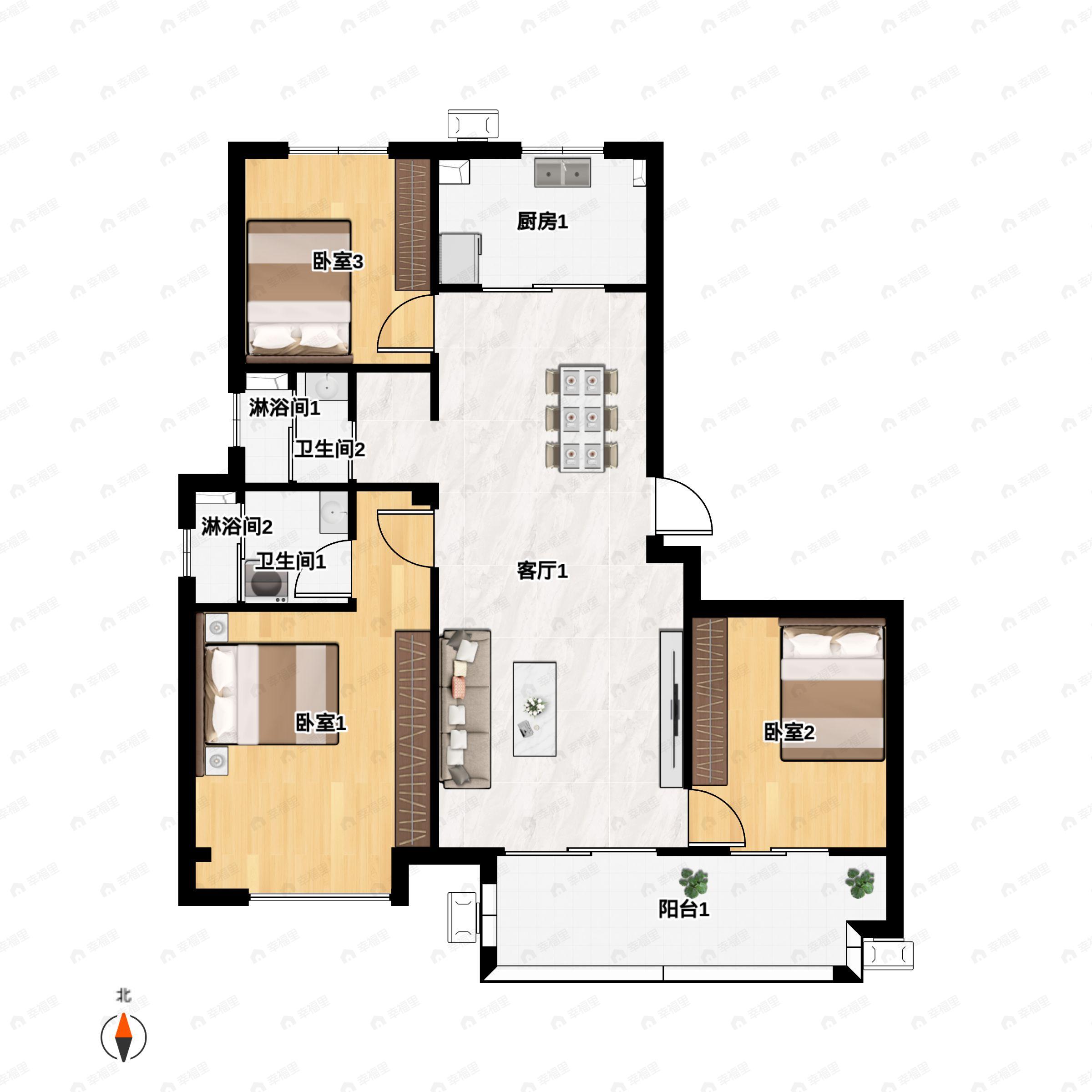 3室2厅2卫建面122m²南户型图
