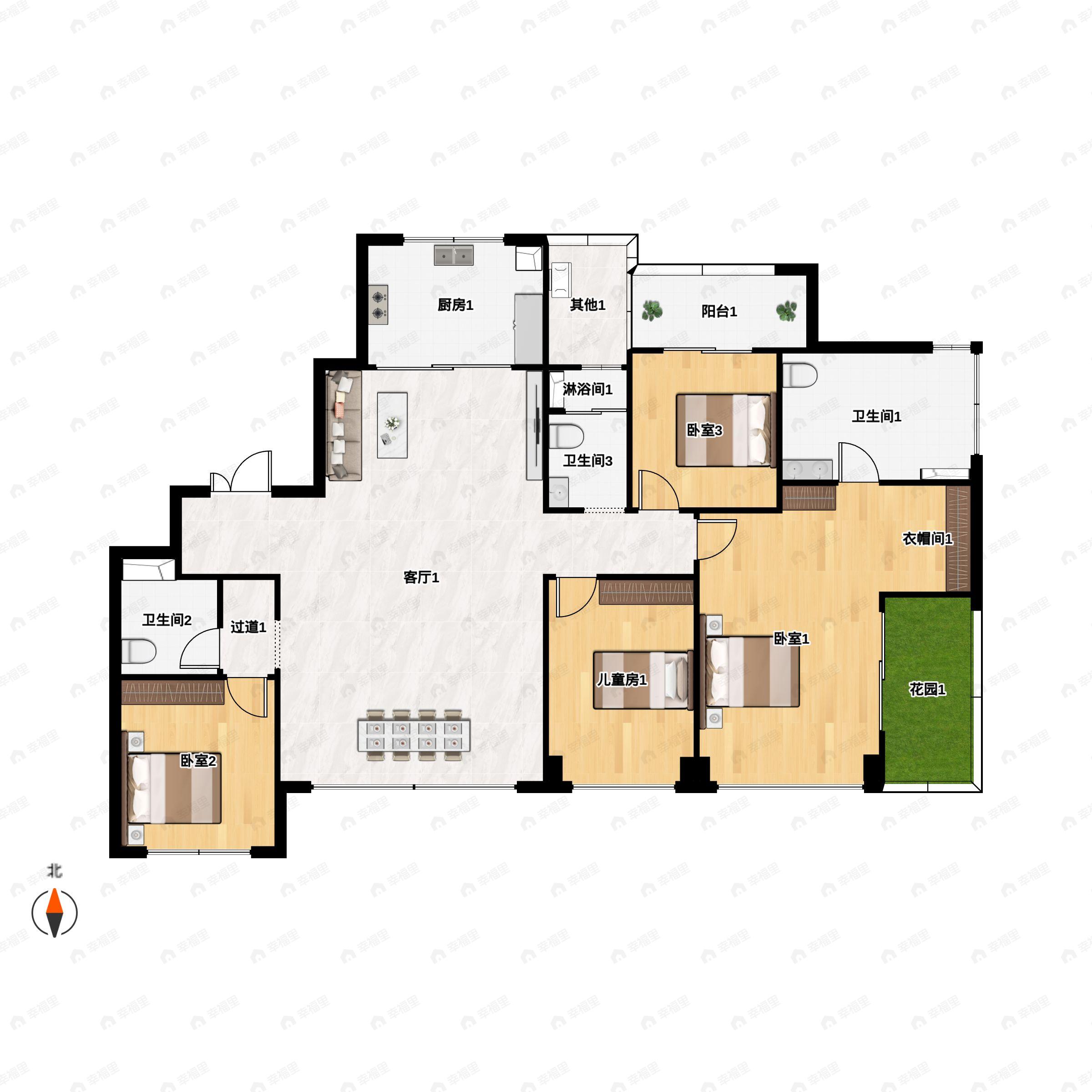 4室2厅3卫建面188m²南户型图