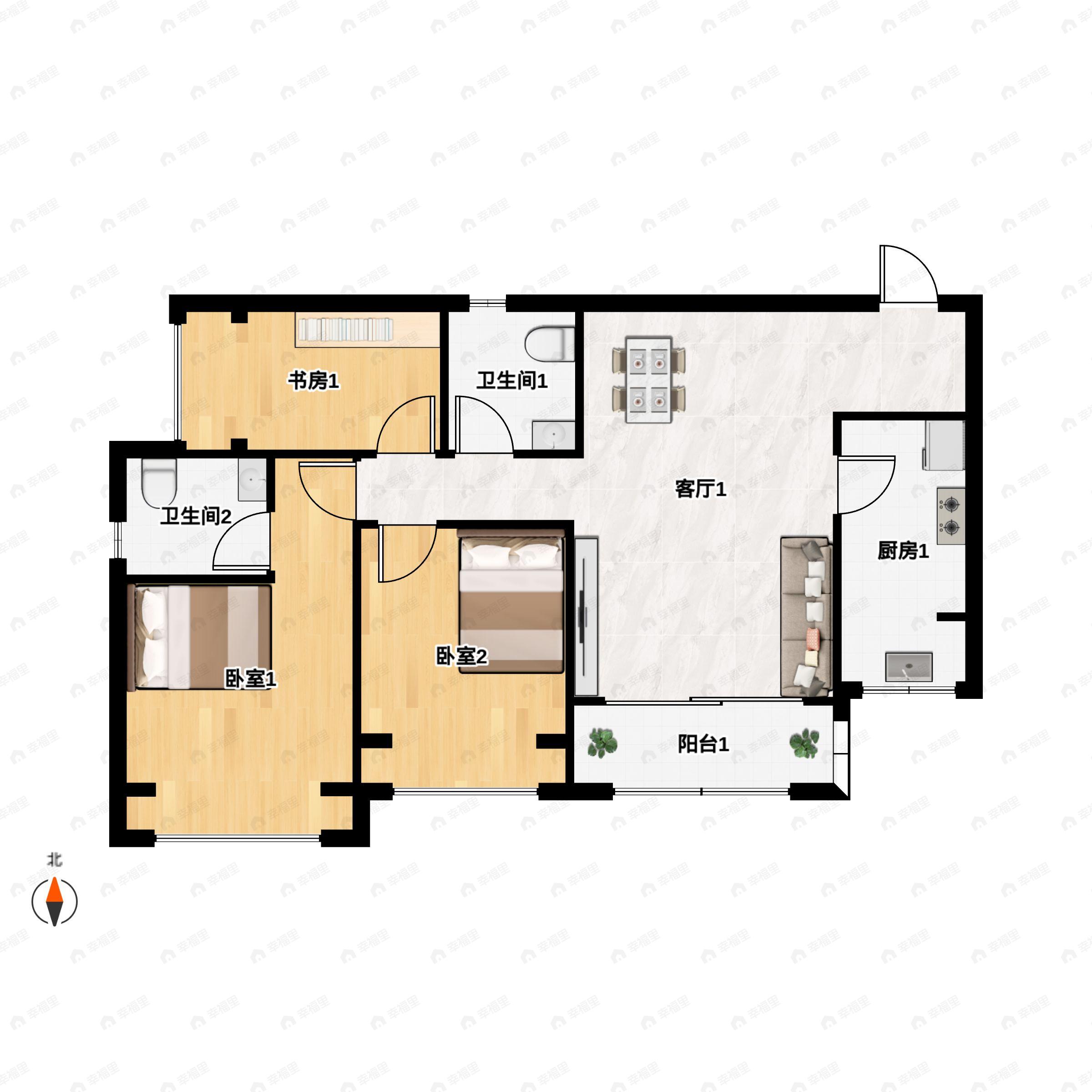 3室2厅2卫建面99平北|南户型图