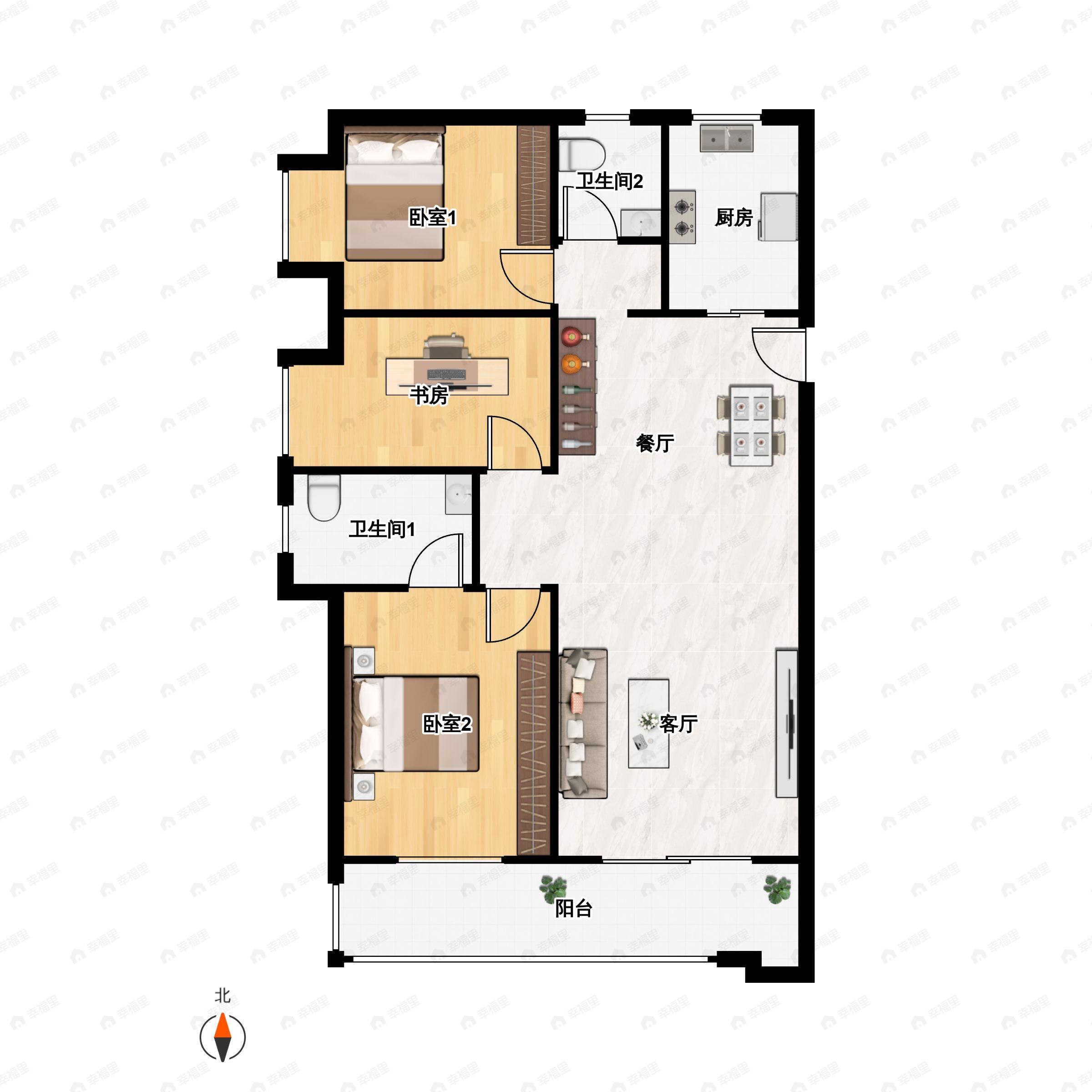3室2厅2卫建面129平南|北户型图