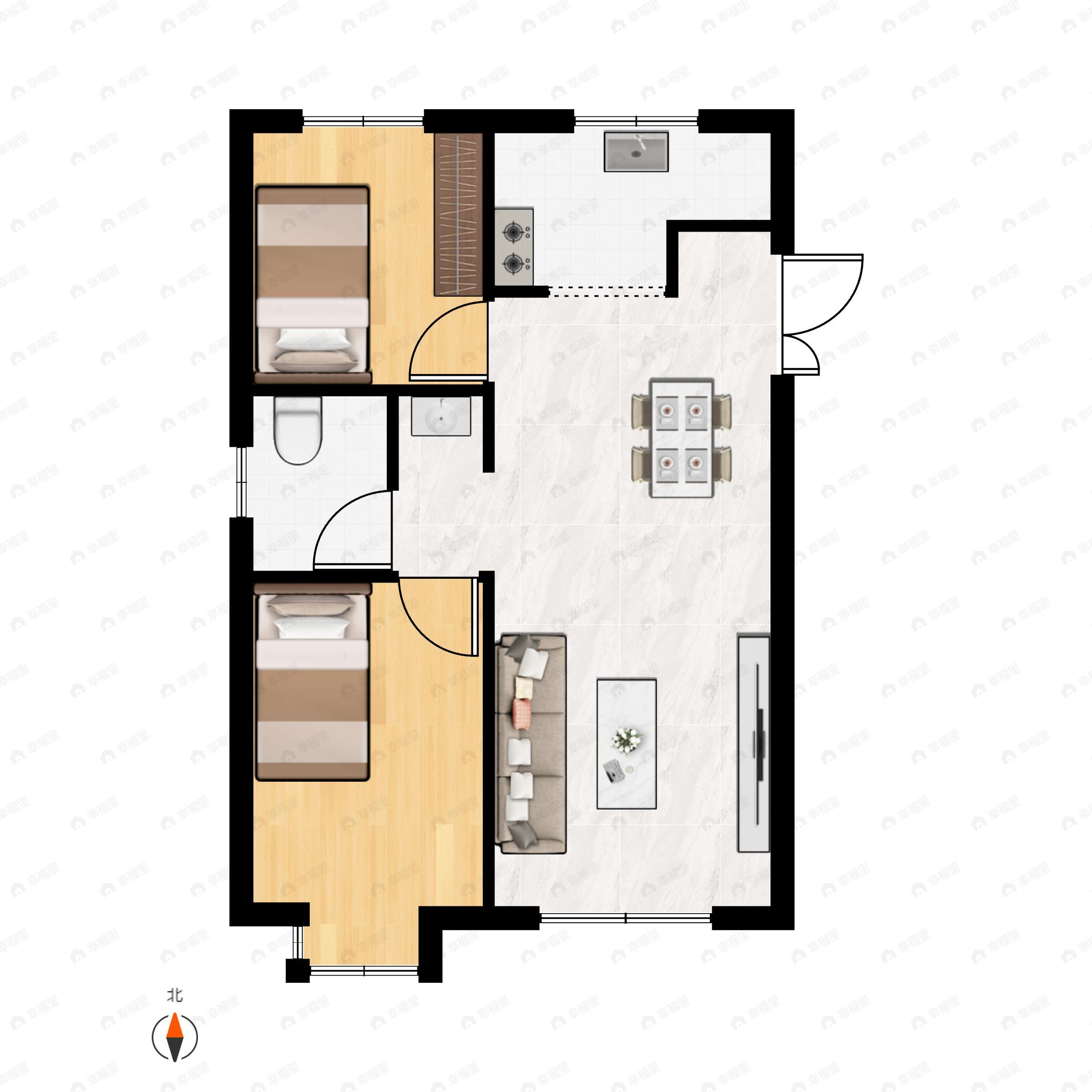 2室2厅1卫建面92m²南户型图