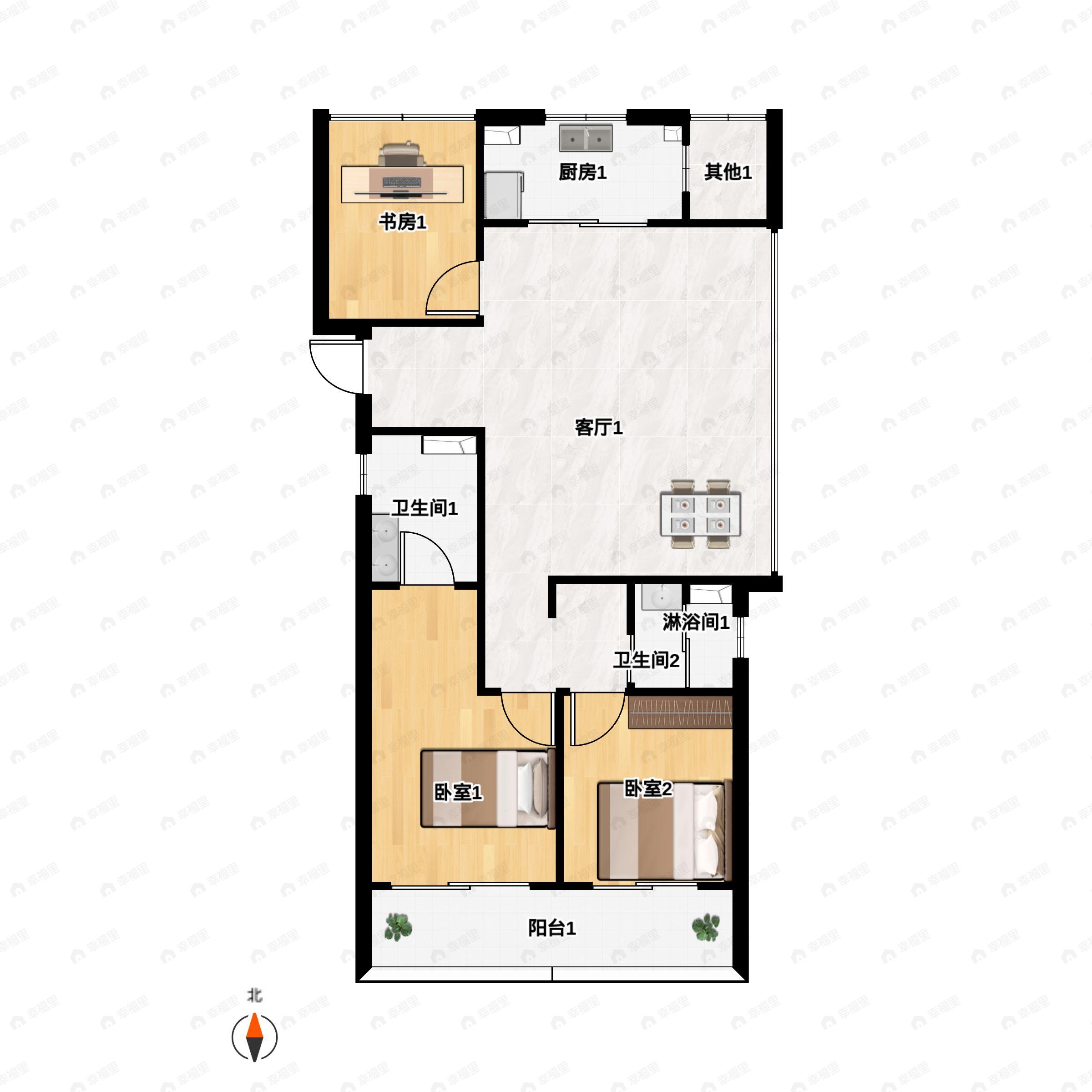 3室2厅2卫建面110m²南|北户型图