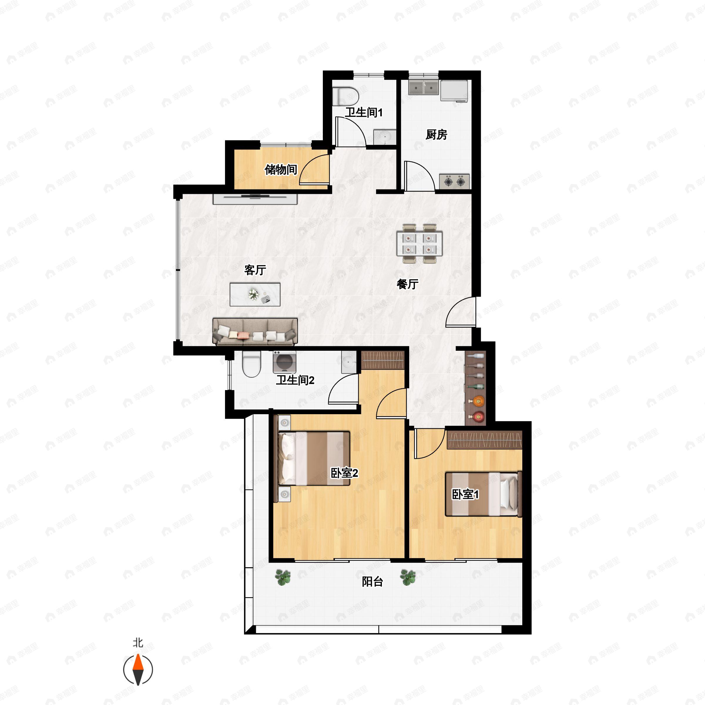 2室2厅2卫建面99m²南|北户型图