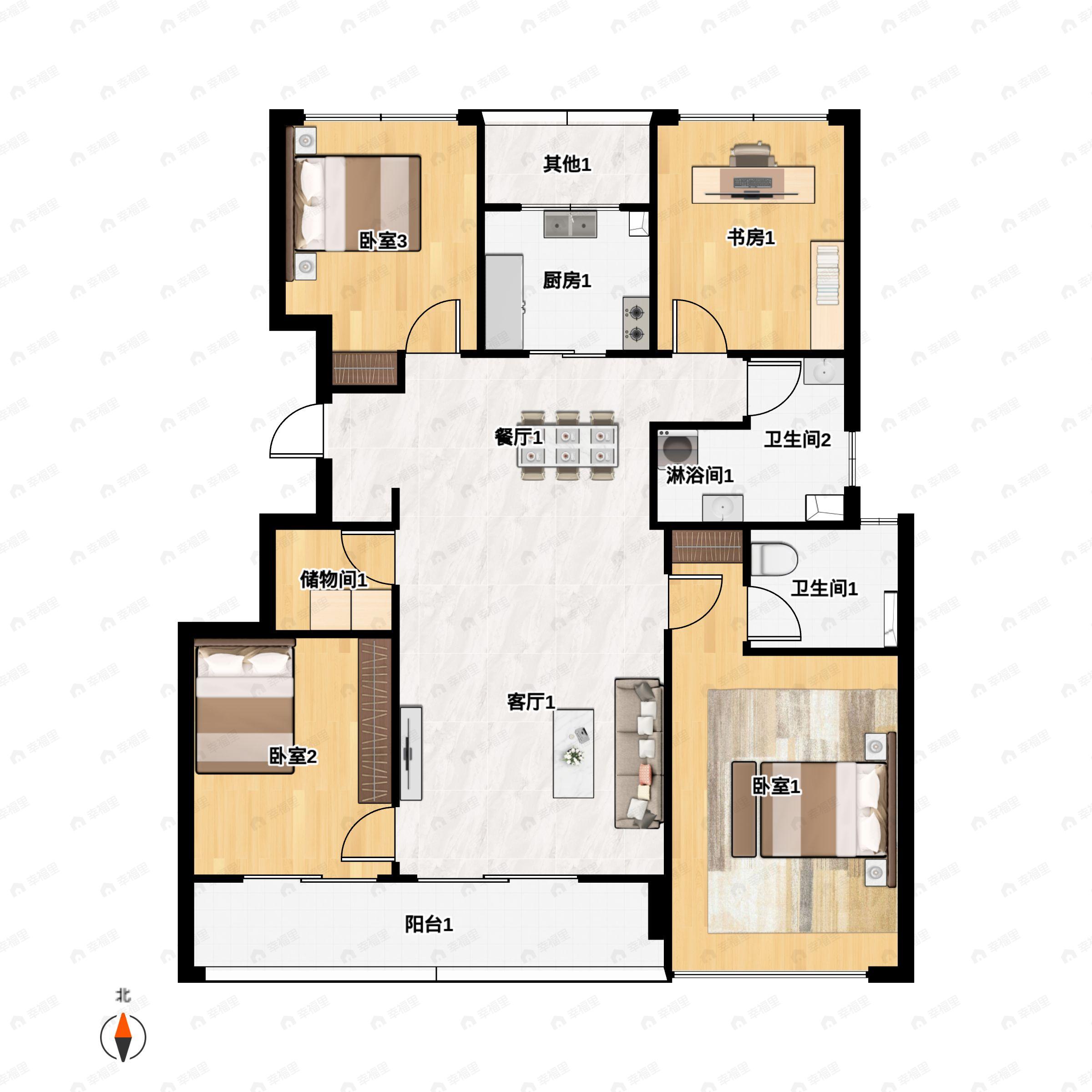4室2厅2卫建面124平南|北户型图