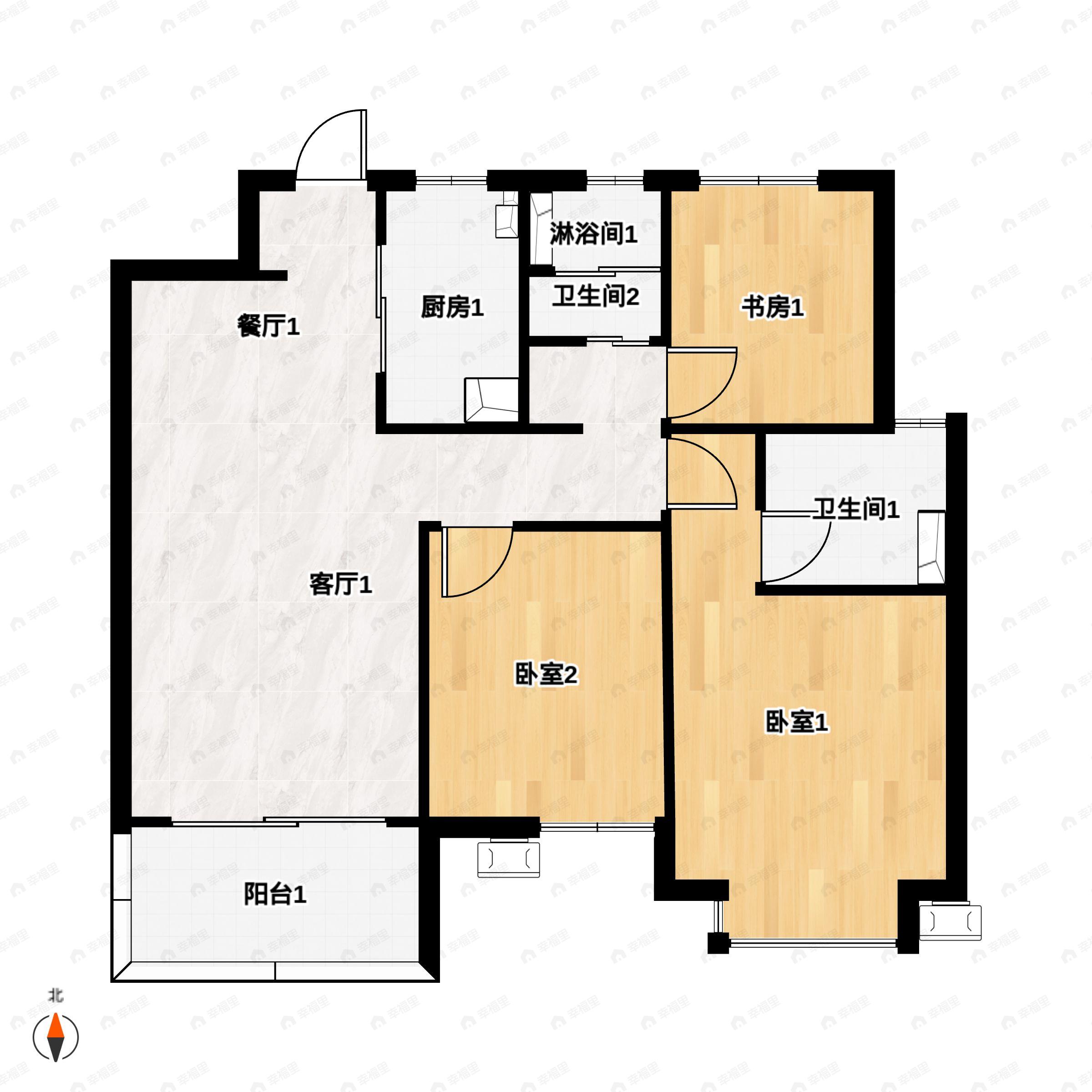 3室2厅2卫建面110m²南|北户型图
