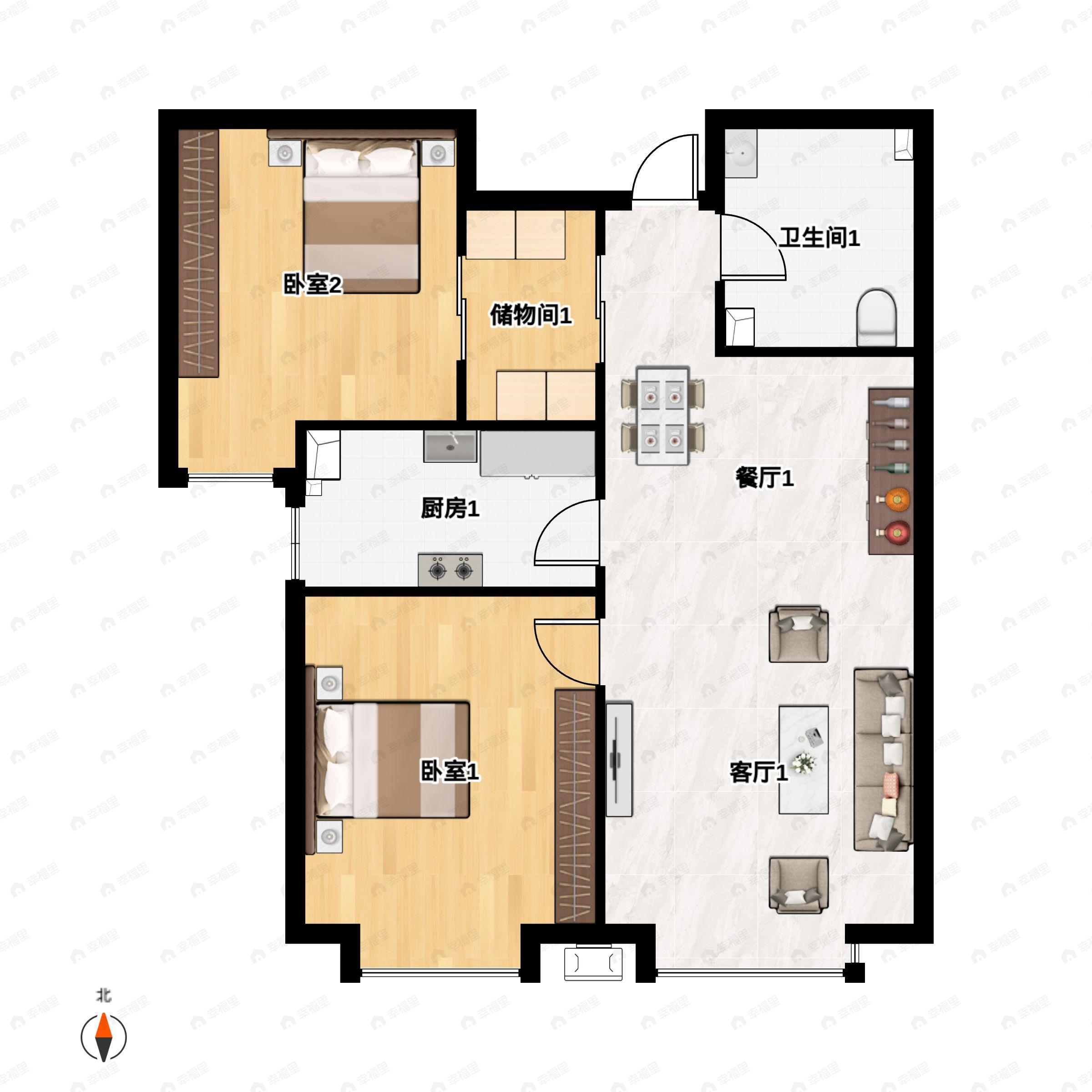 2室2厅1卫建面88平户型图