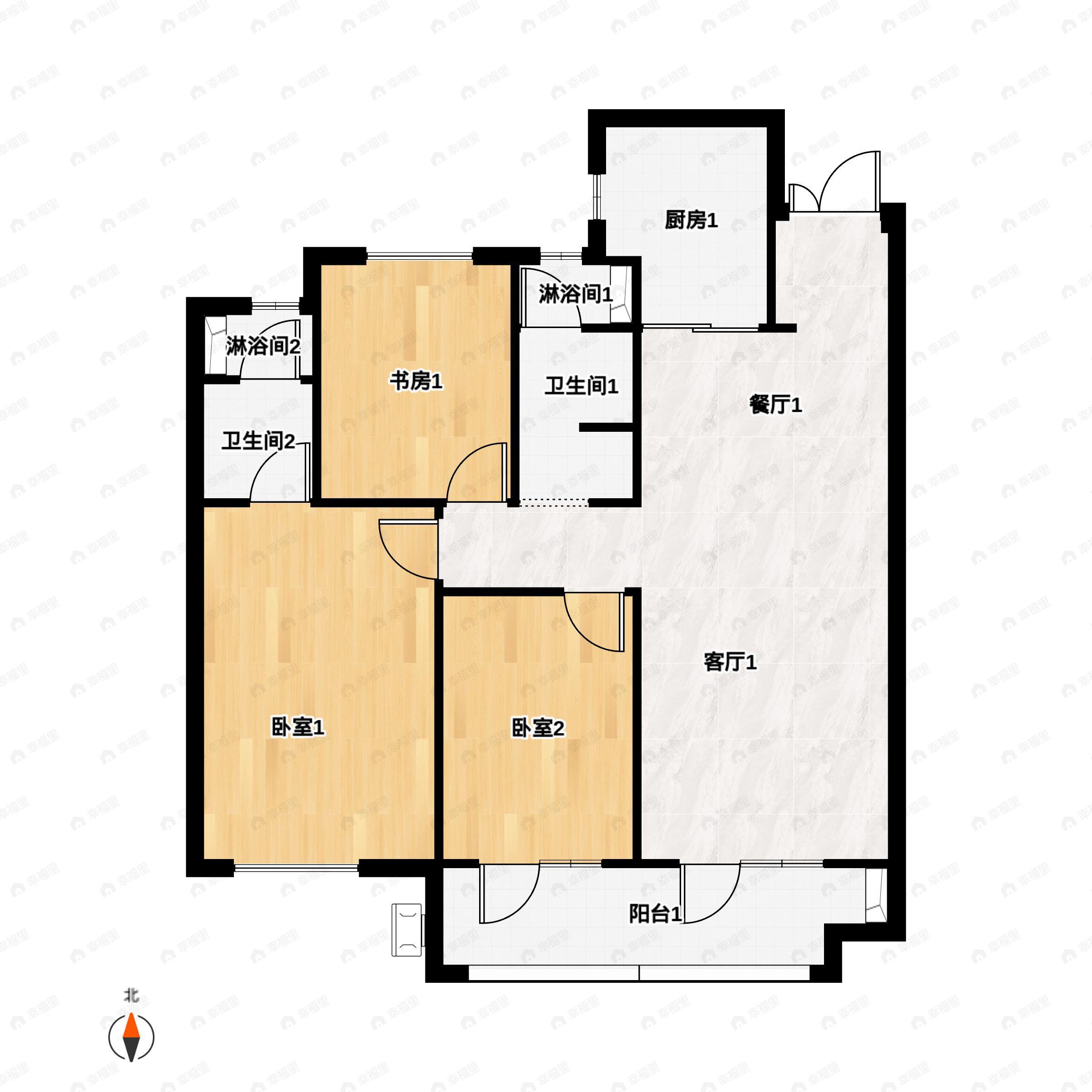 3室2厅2卫建面127平南|北户型图