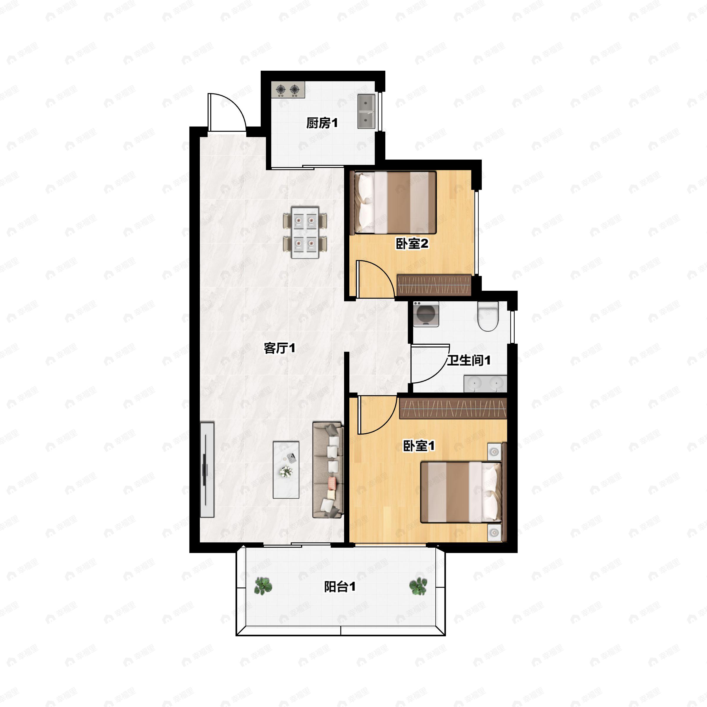 2室2厅1卫建面70m²南户型图