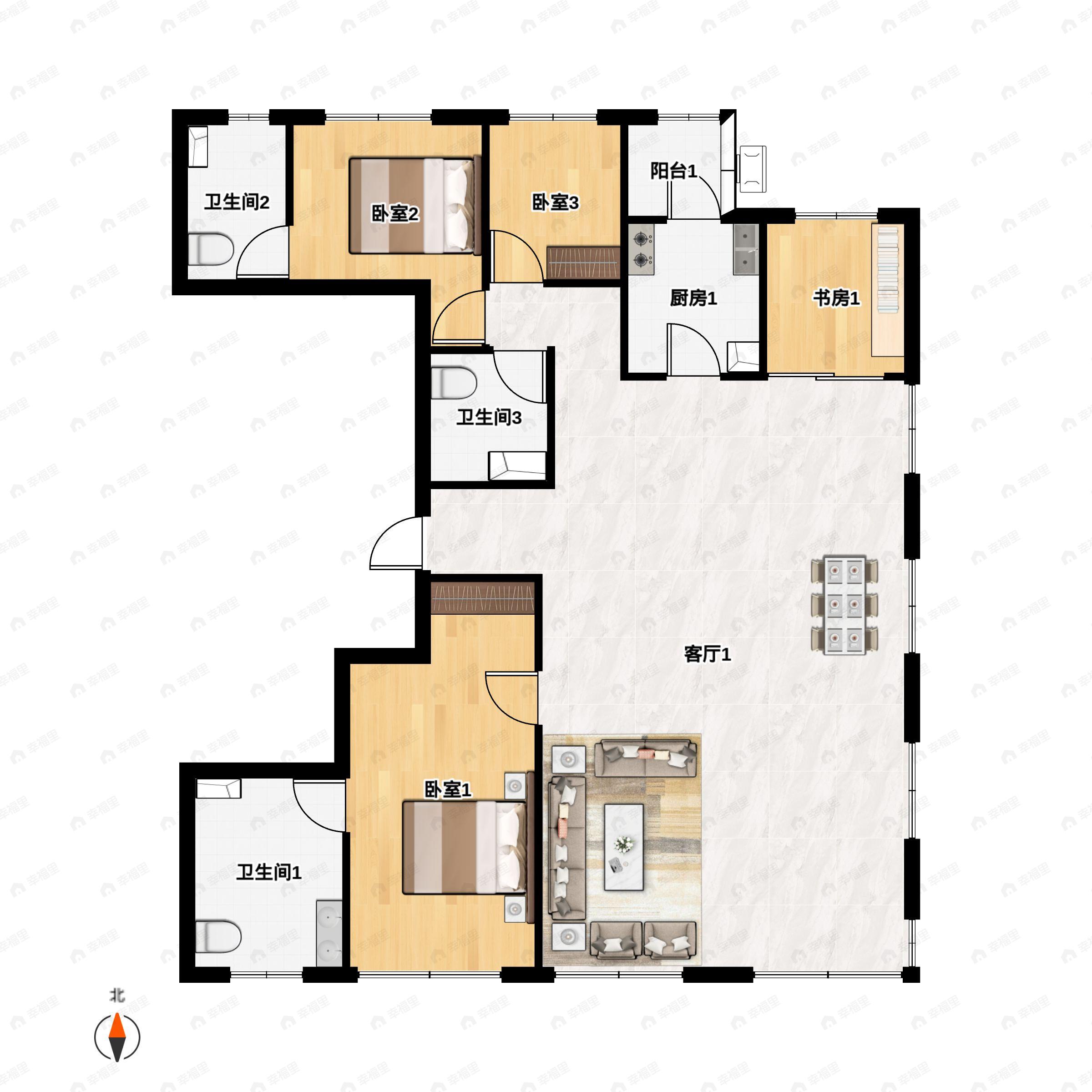 4室2厅3卫建面192平北|南户型图