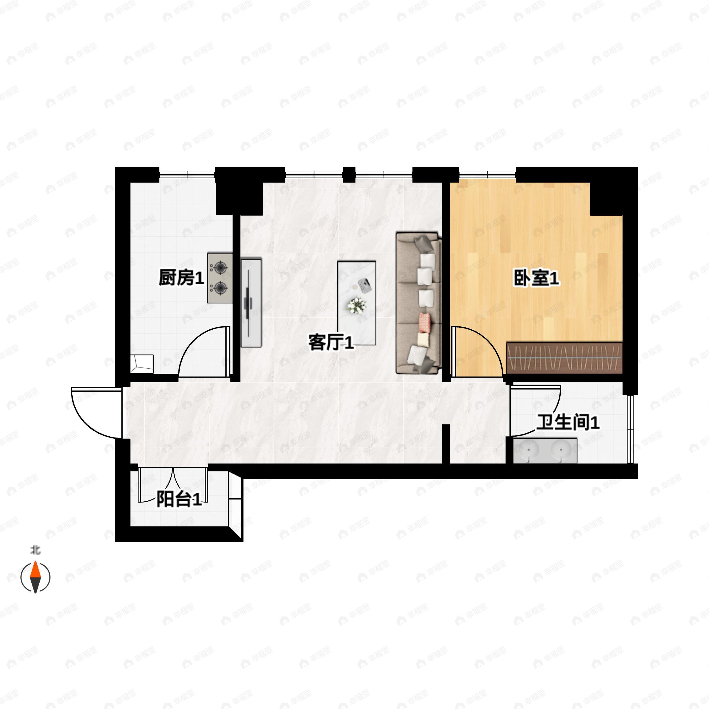 1室1厅1卫建面62平户型图