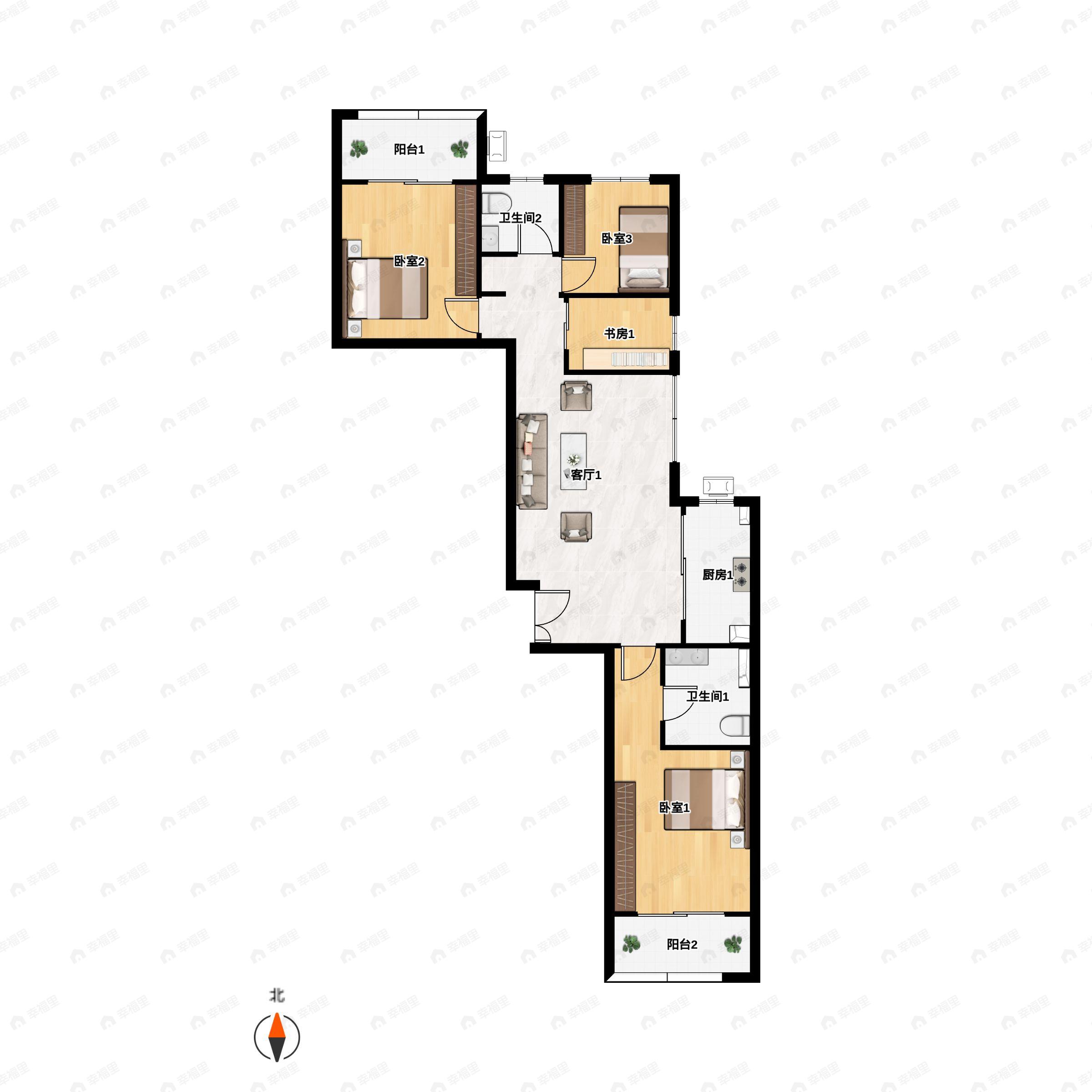 3室2厅2卫建面138平南|北户型图
