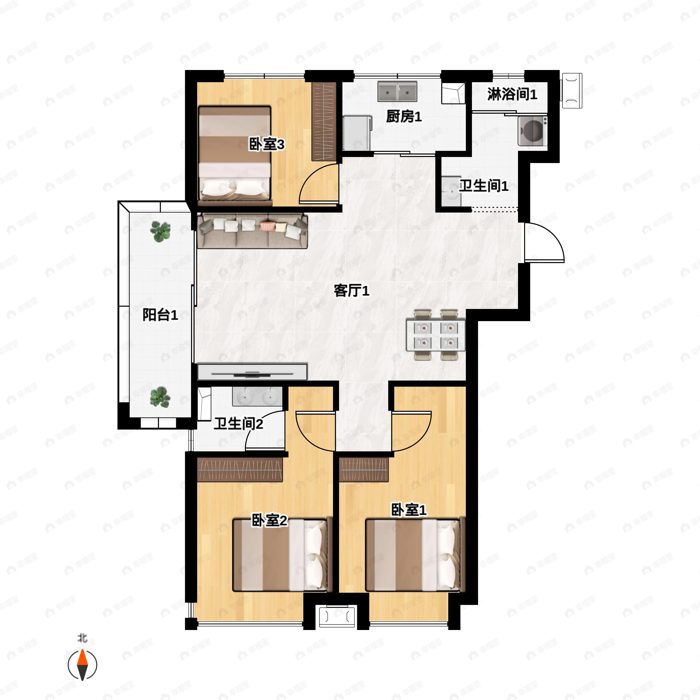 3室2厅2卫建面112平南户型图