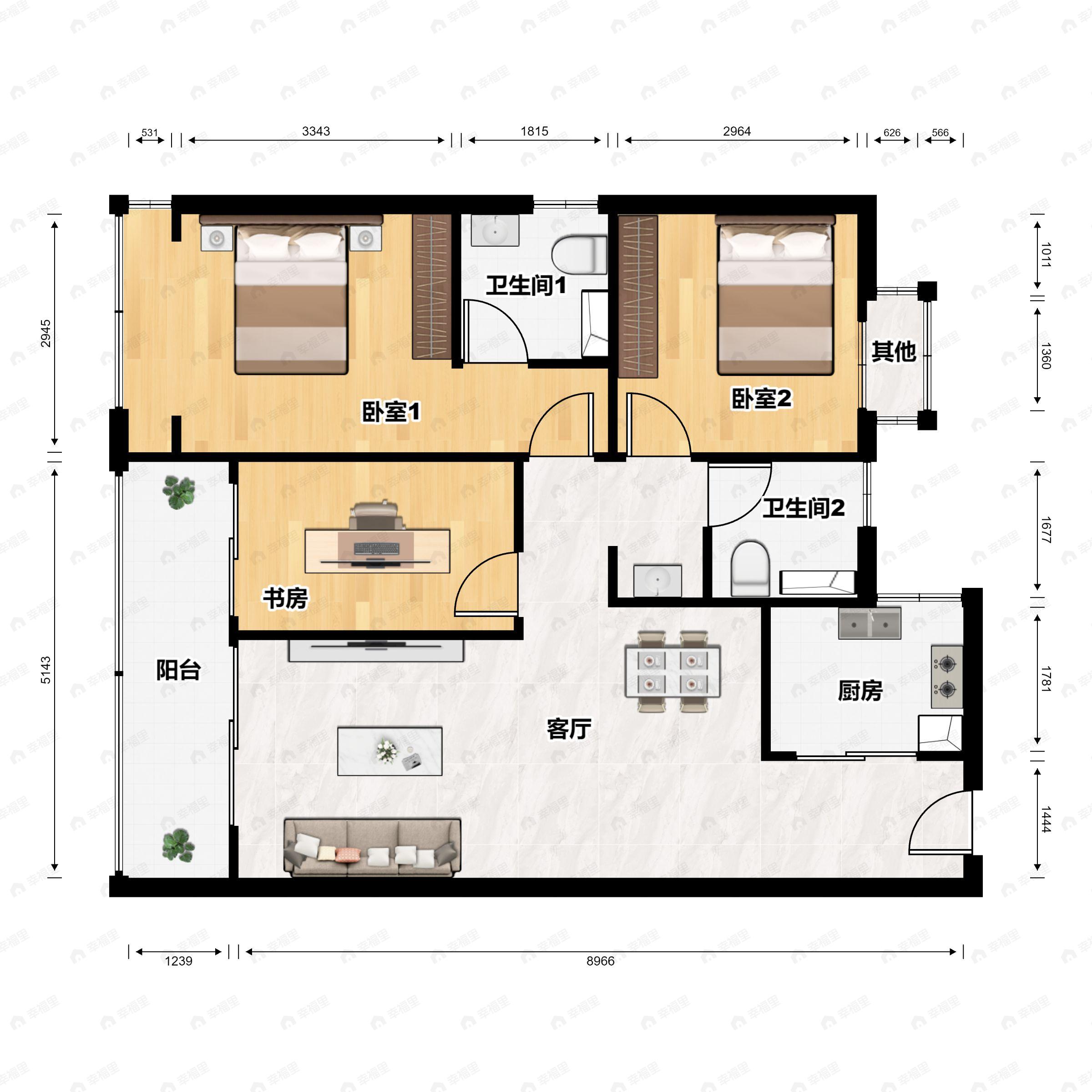 3室2厅2卫建面108平户型图
