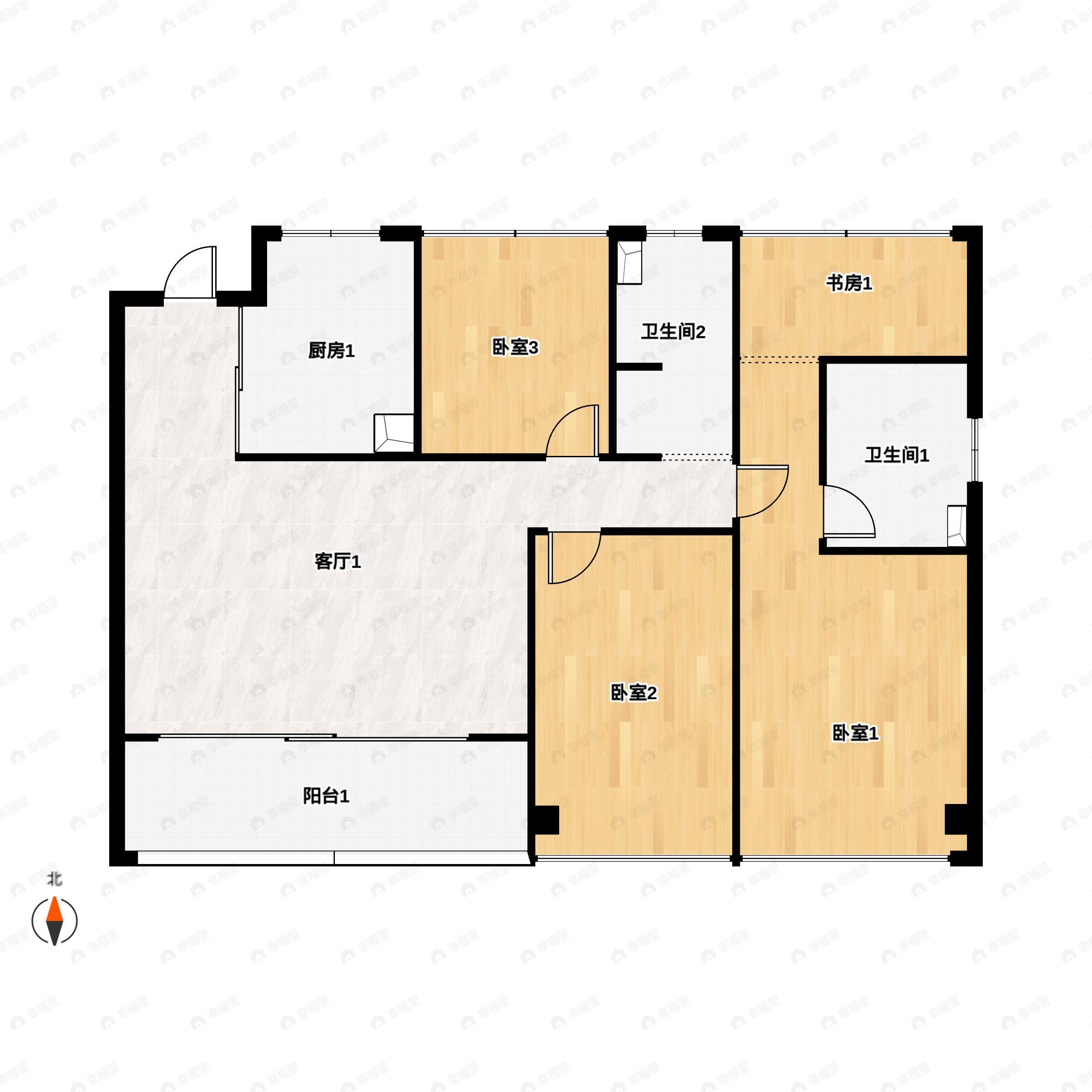 3室2厅2卫建面130m²南户型图