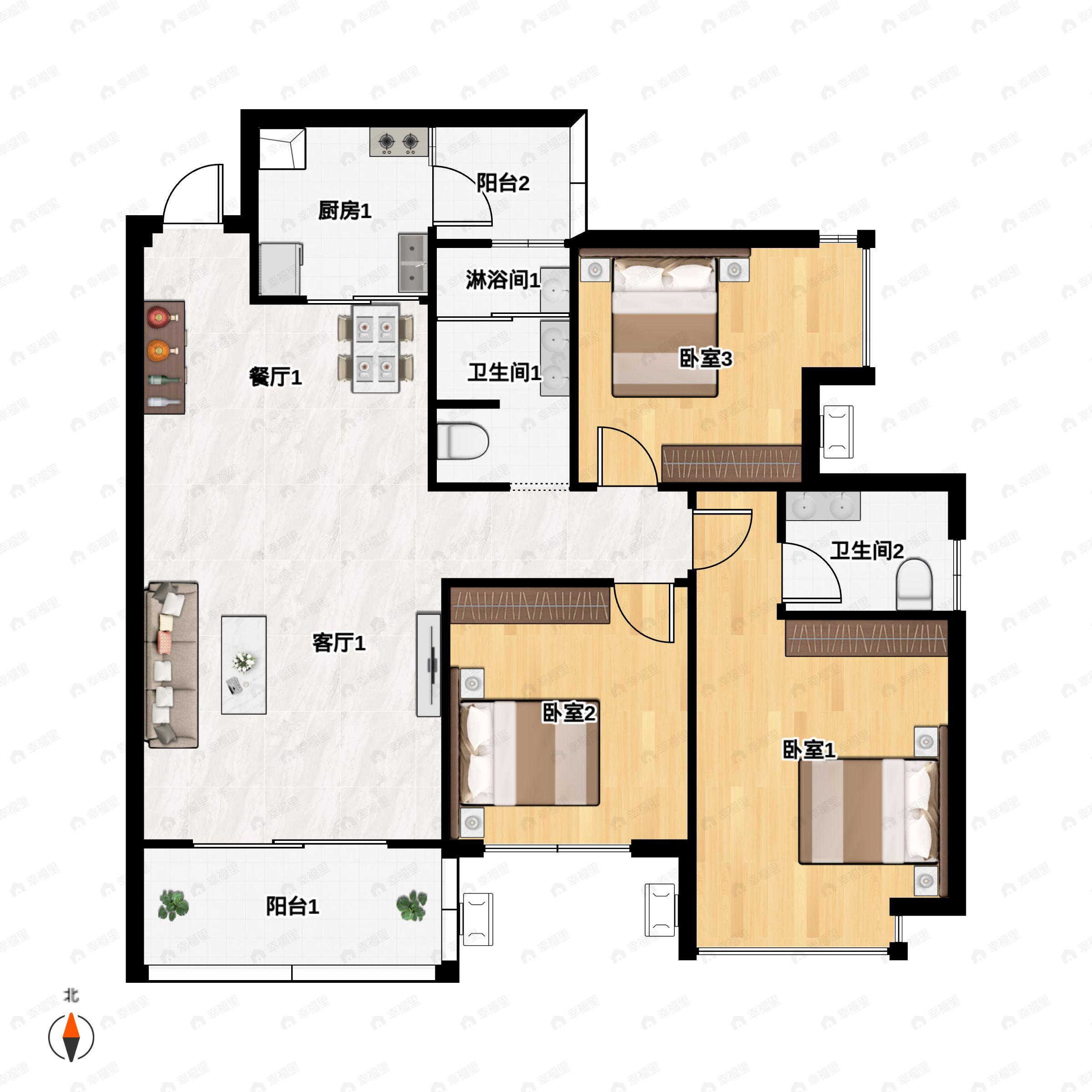 3室2厅2卫建面99平户型图