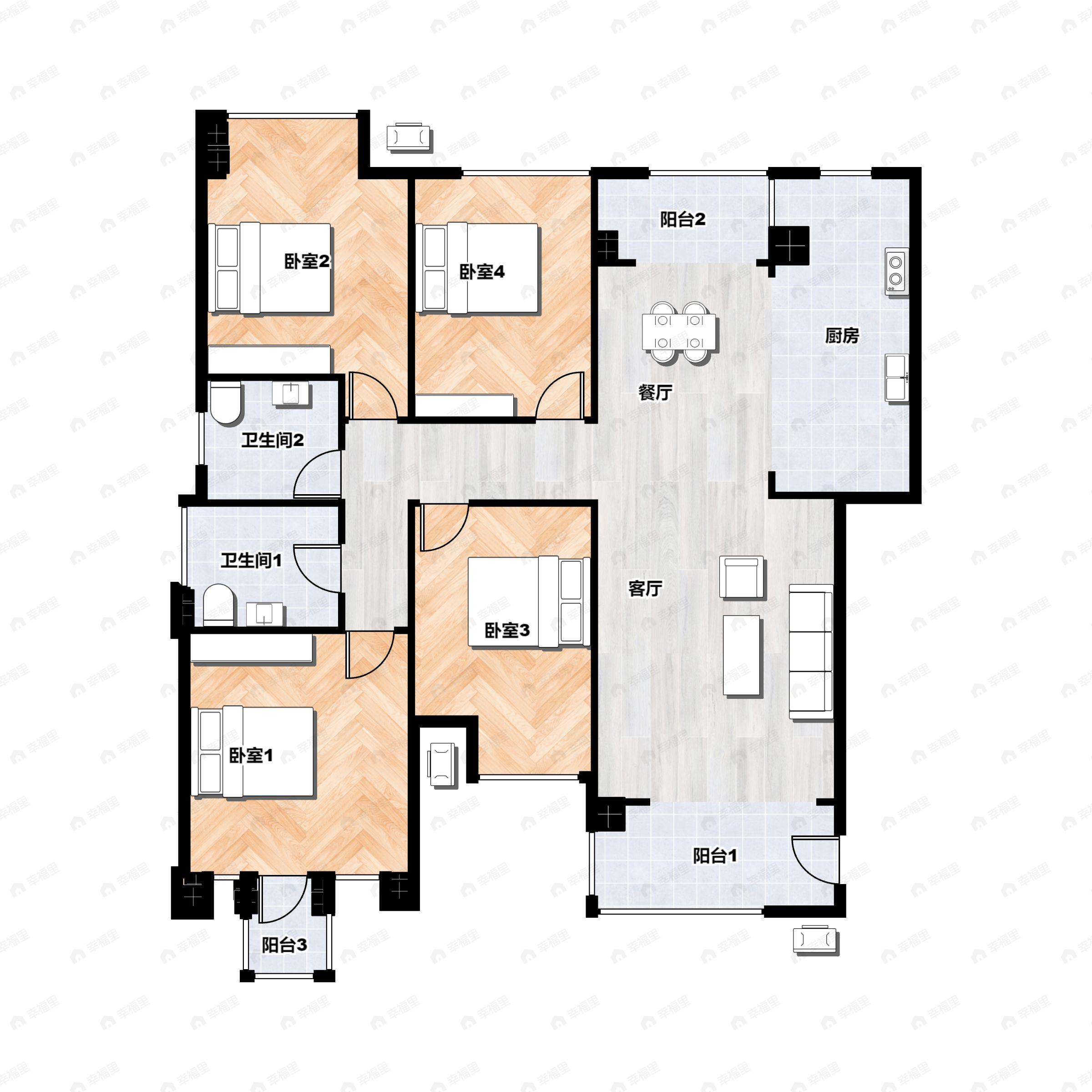 3室2厅2卫建面104m²南|北户型图