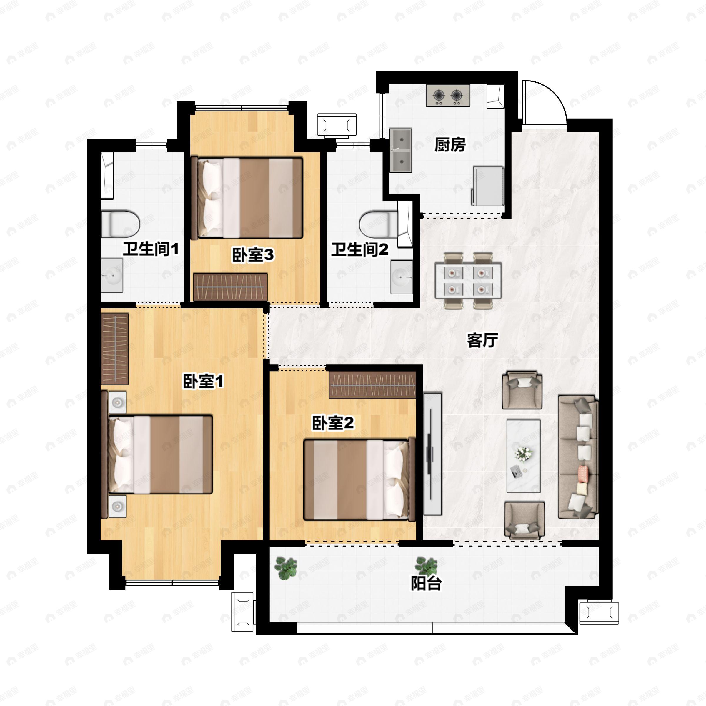 3室2厅2卫建面103平户型图