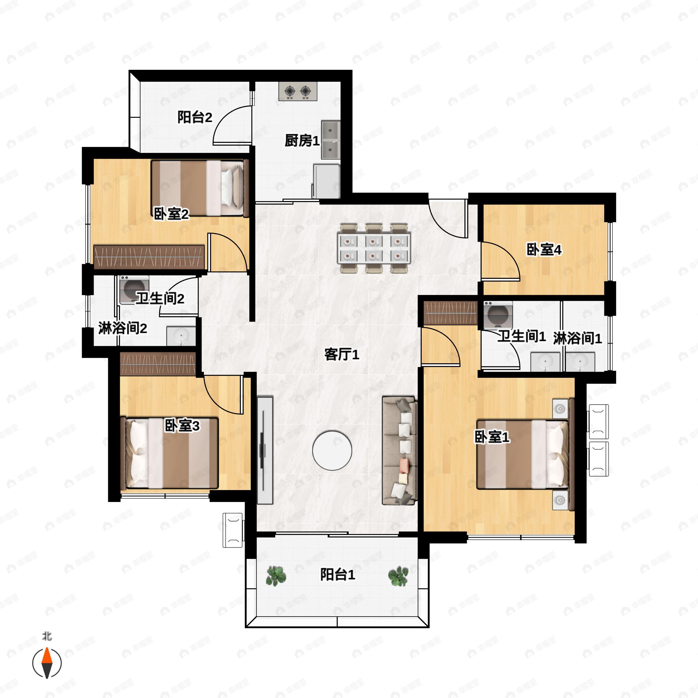 4室2厅2卫建面108平户型图