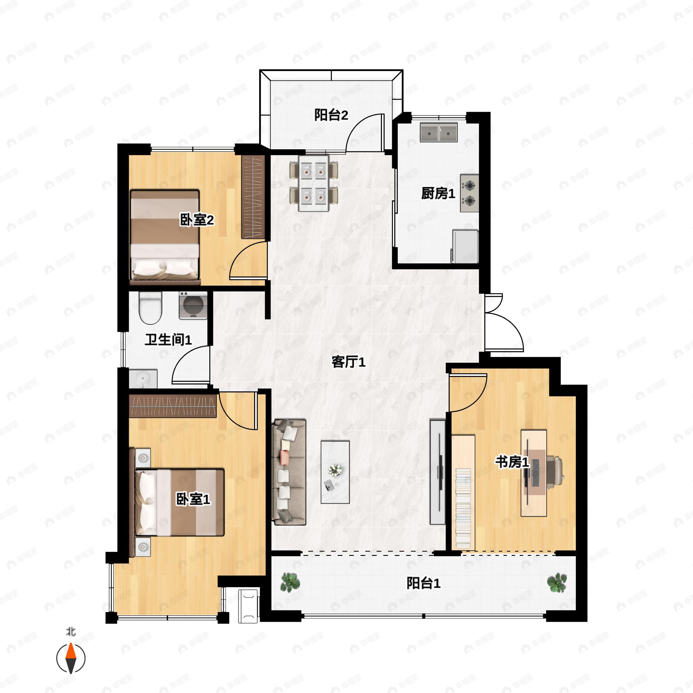 3室2厅1卫建面110m²北|南户型图
