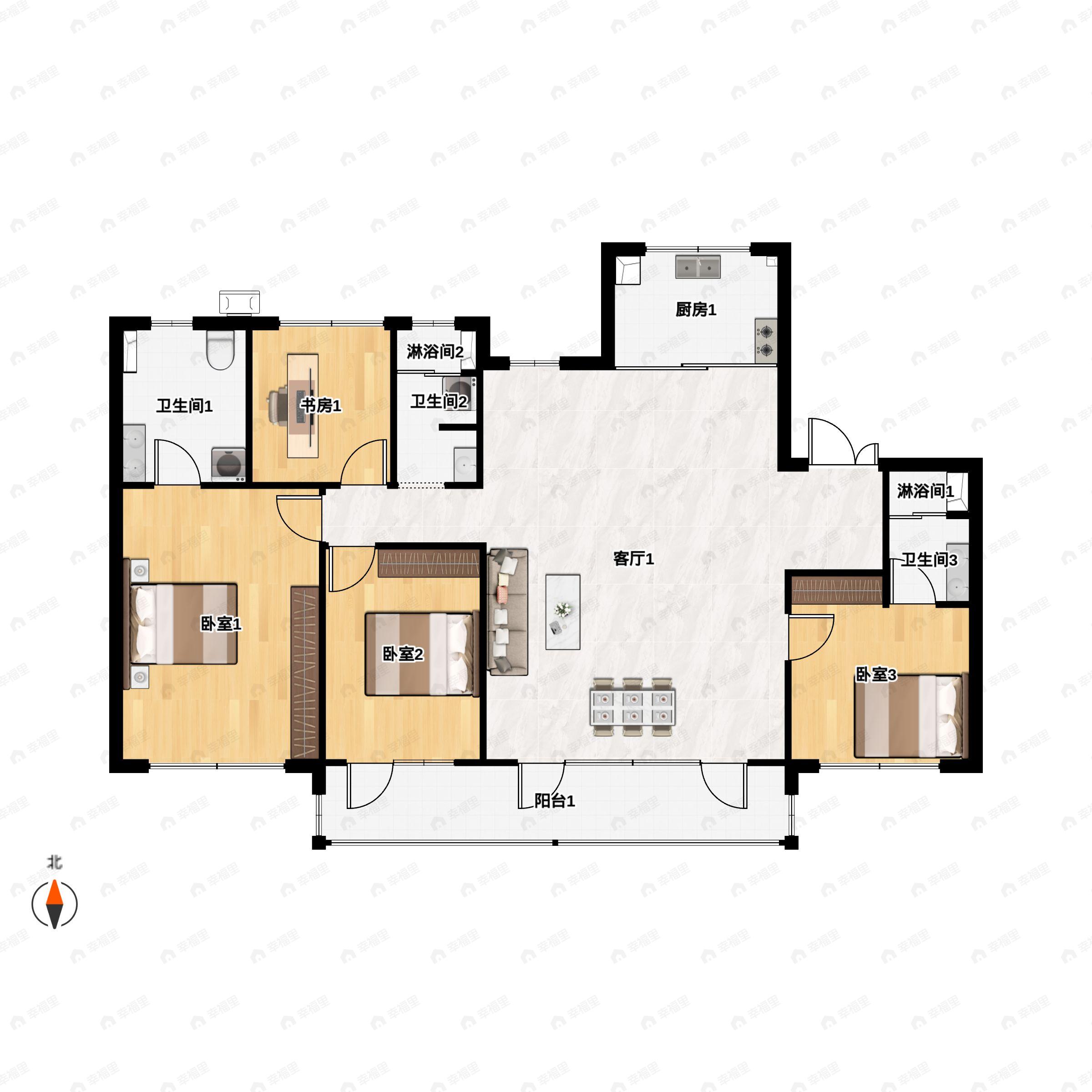 4室2厅3卫建面186m²南户型图
