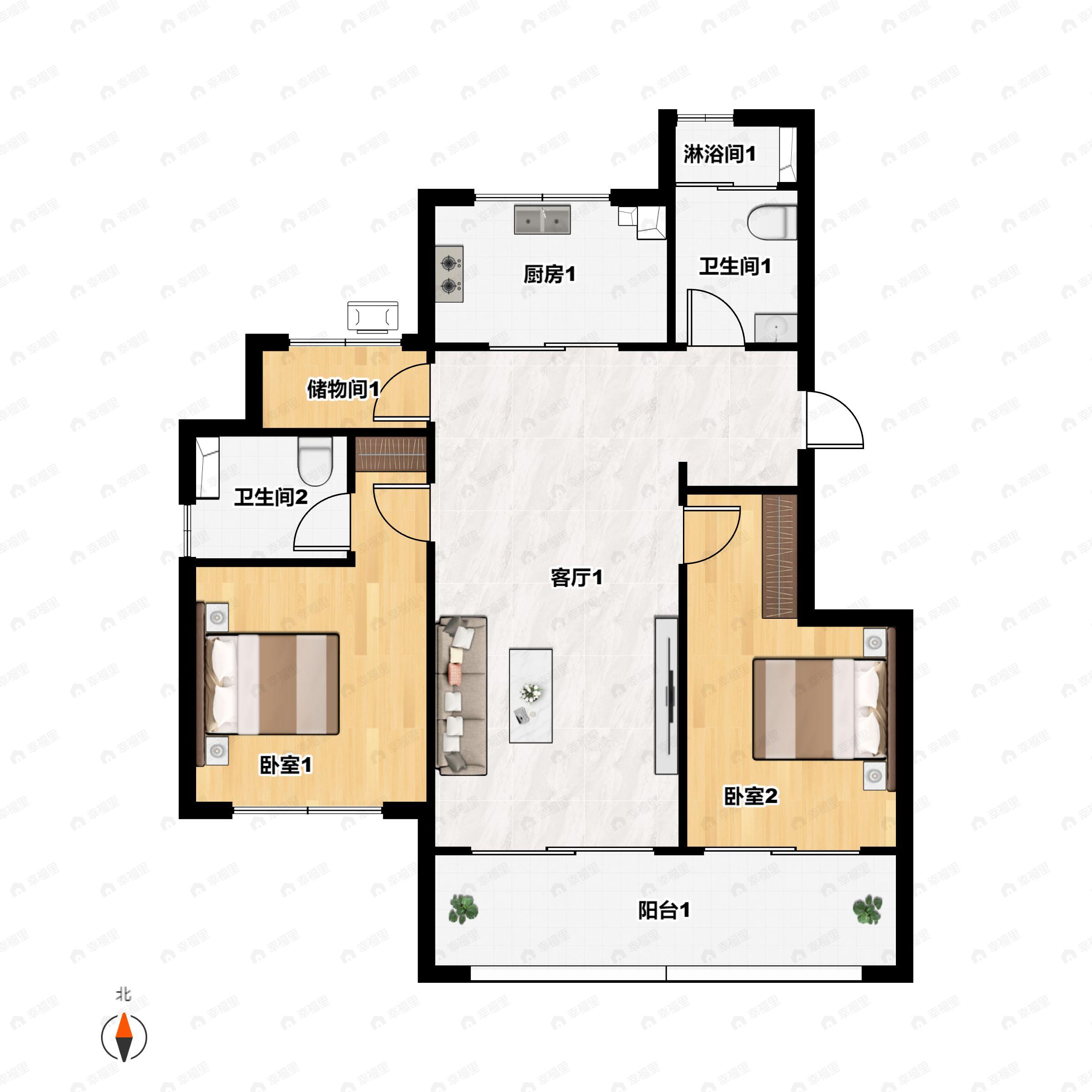 3室2厅2卫建面97平南户型图