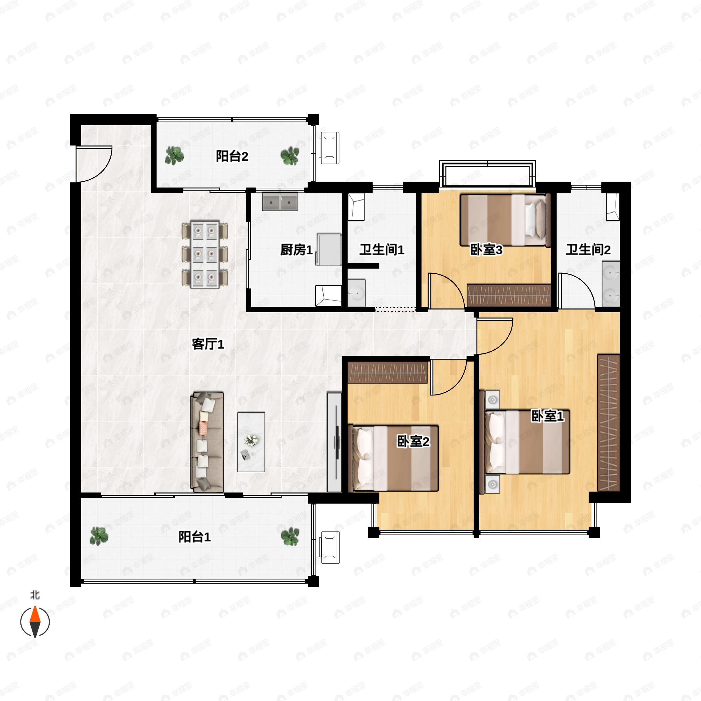 3室2厅2卫建面143m²南户型图