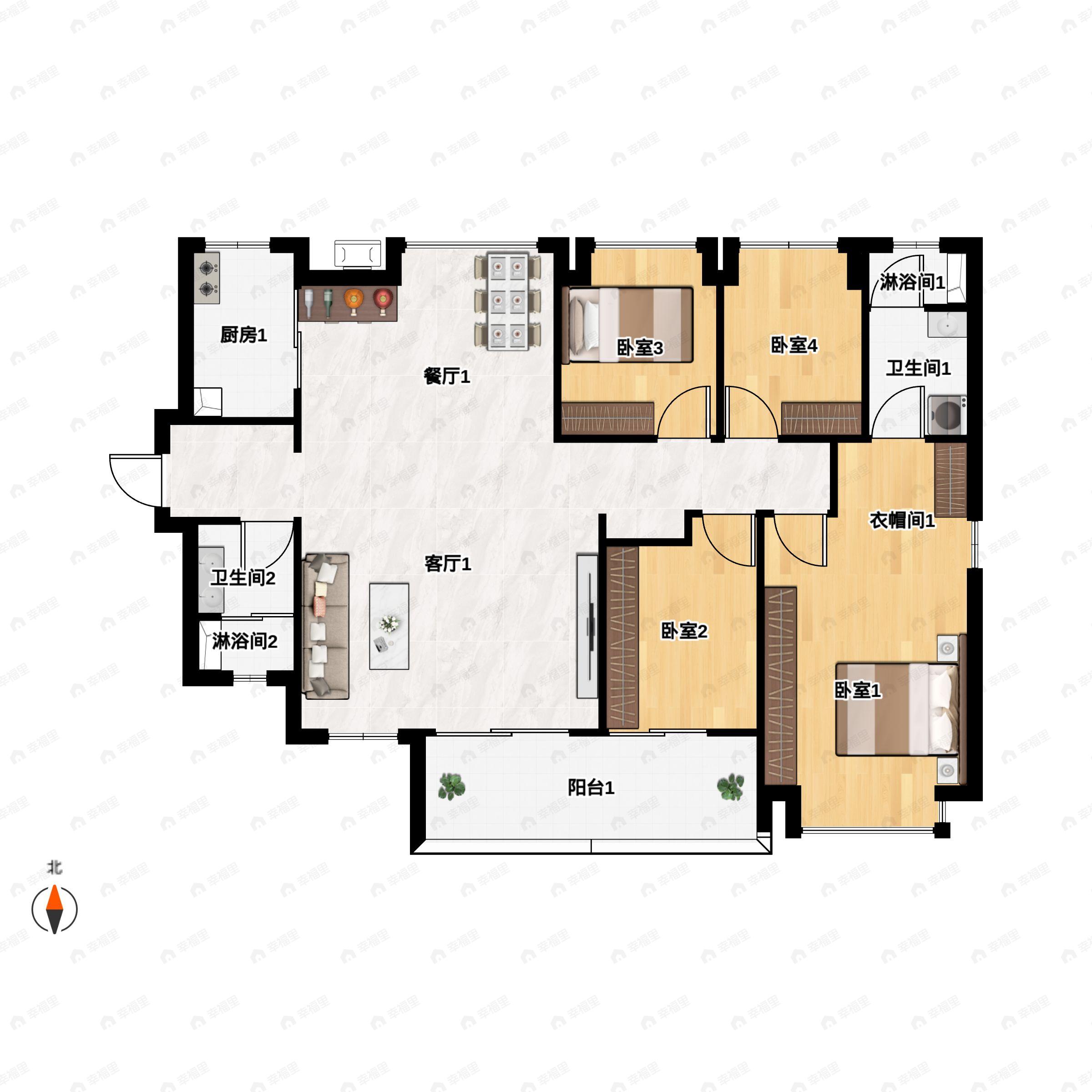 4室2厅2卫建面150平南户型图