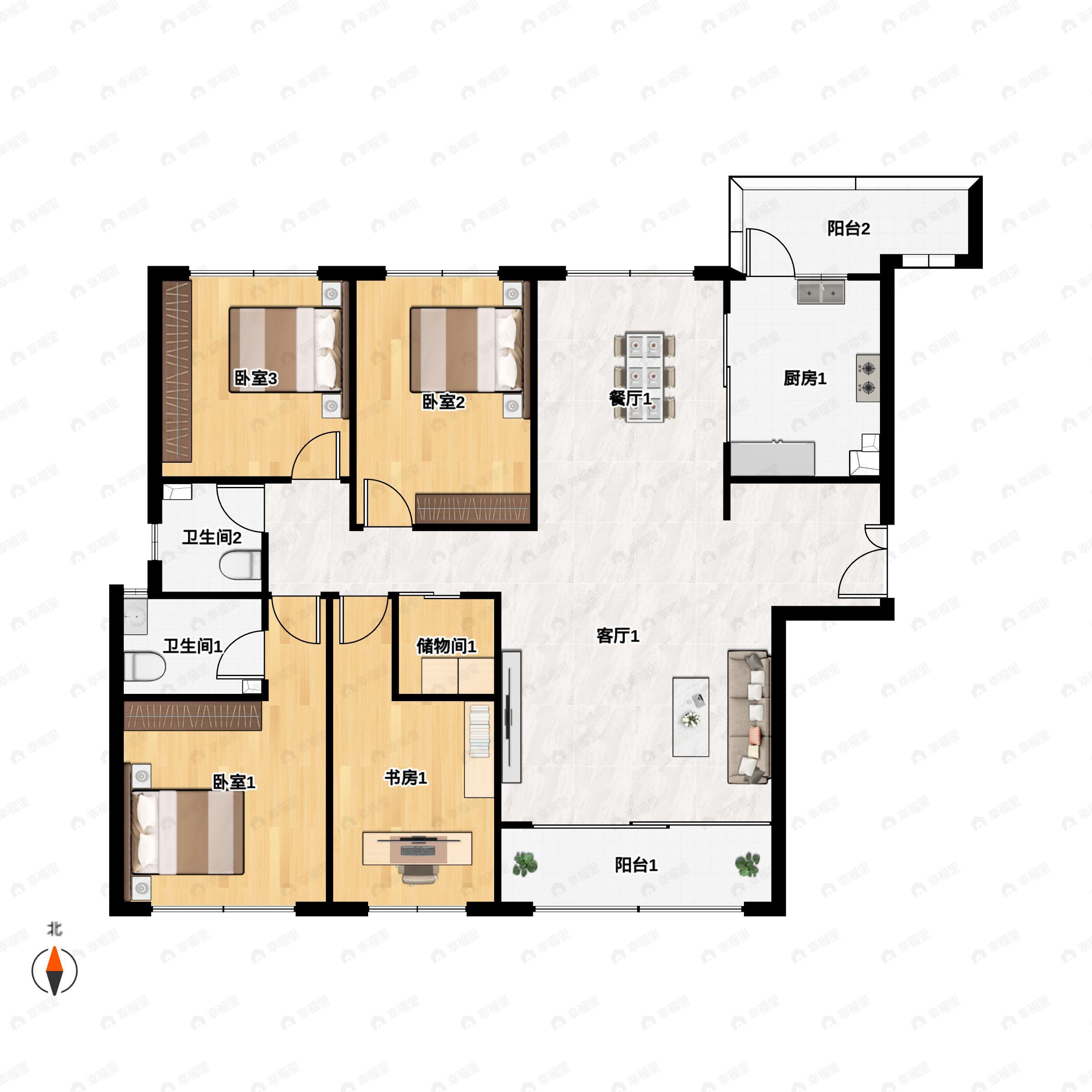 4室2厅2卫建面194平北|南户型图