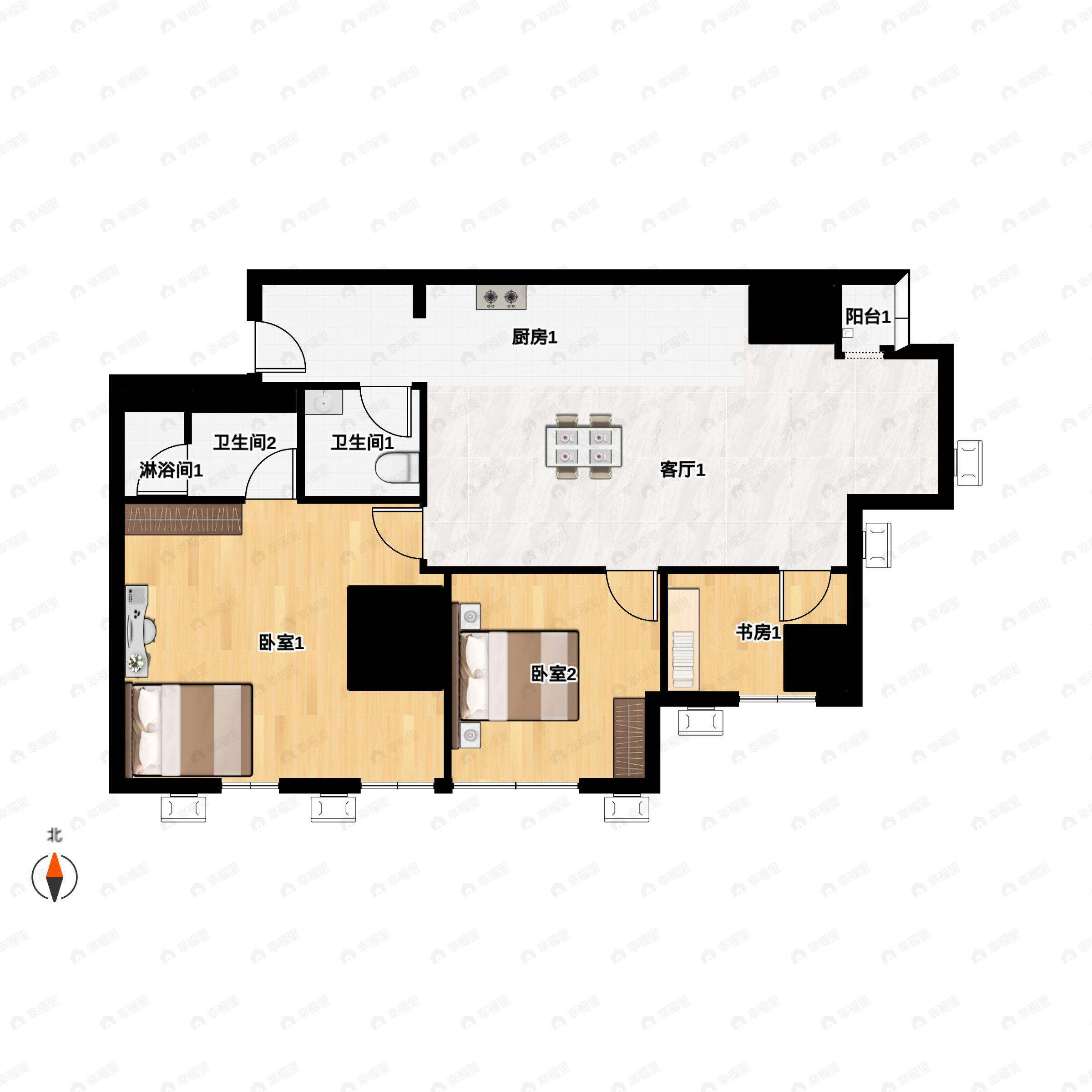1室2厅1卫建面84平北|西|东|南户型图