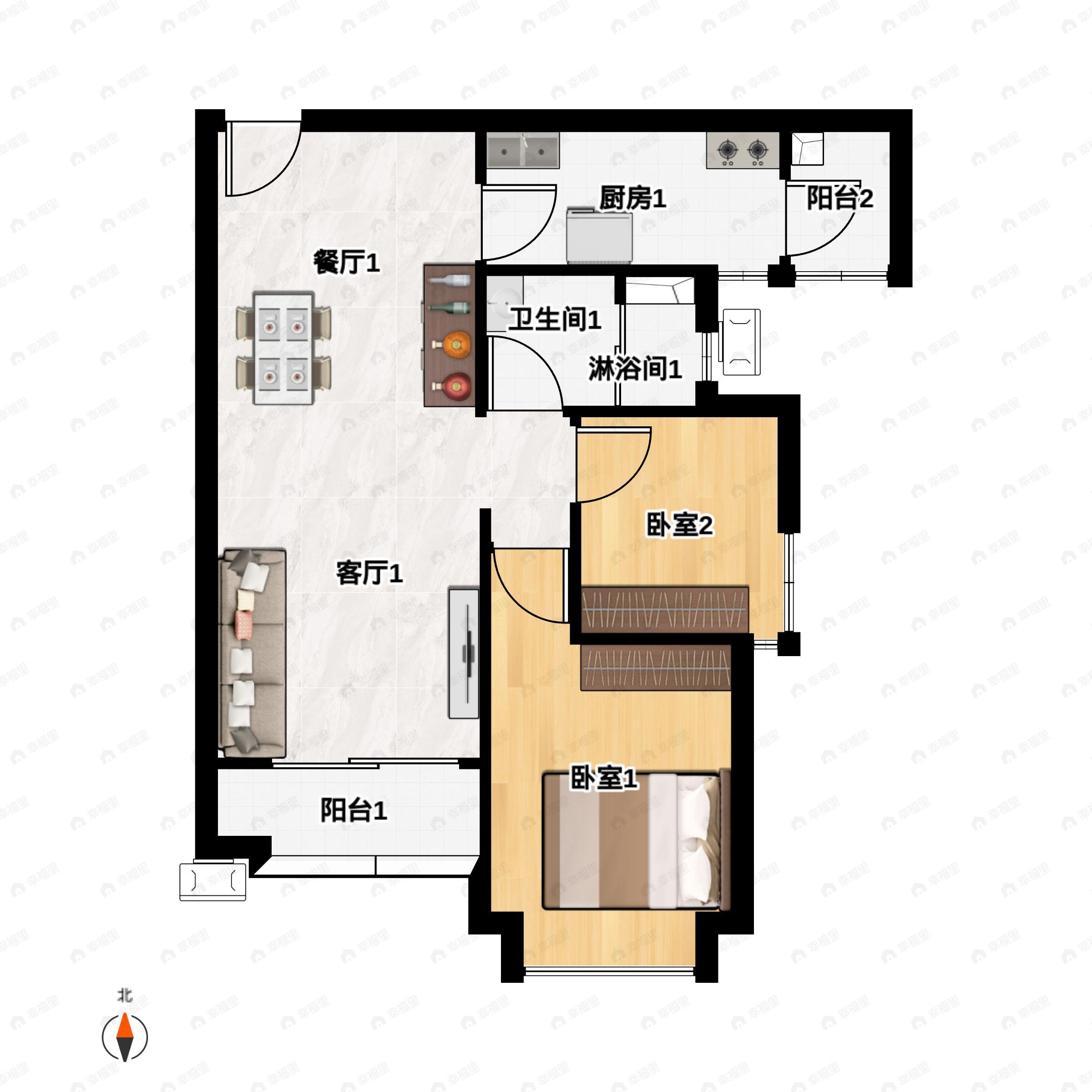 2室2厅1卫建面85m²南户型图