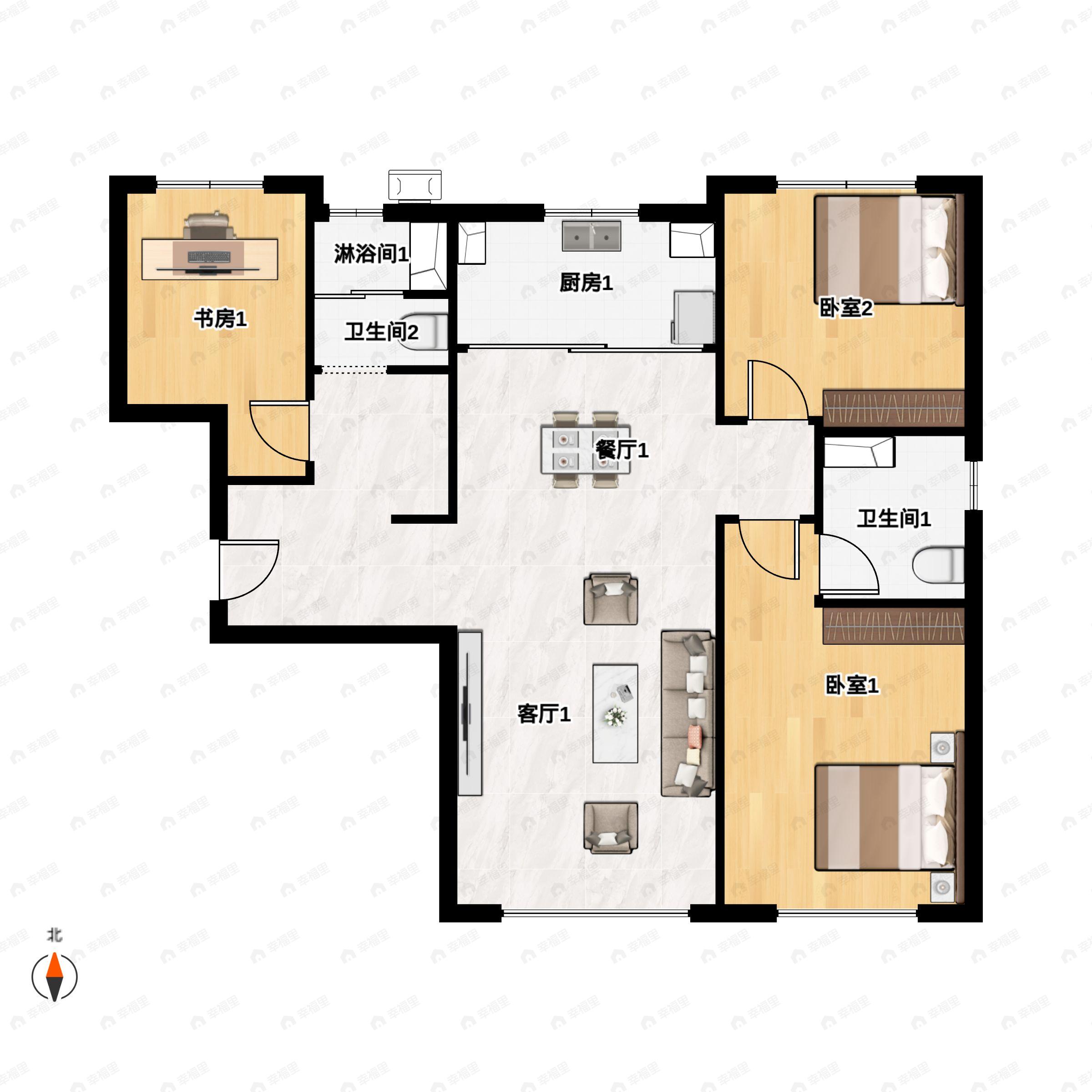 3室2厅2卫建面100平北|南户型图