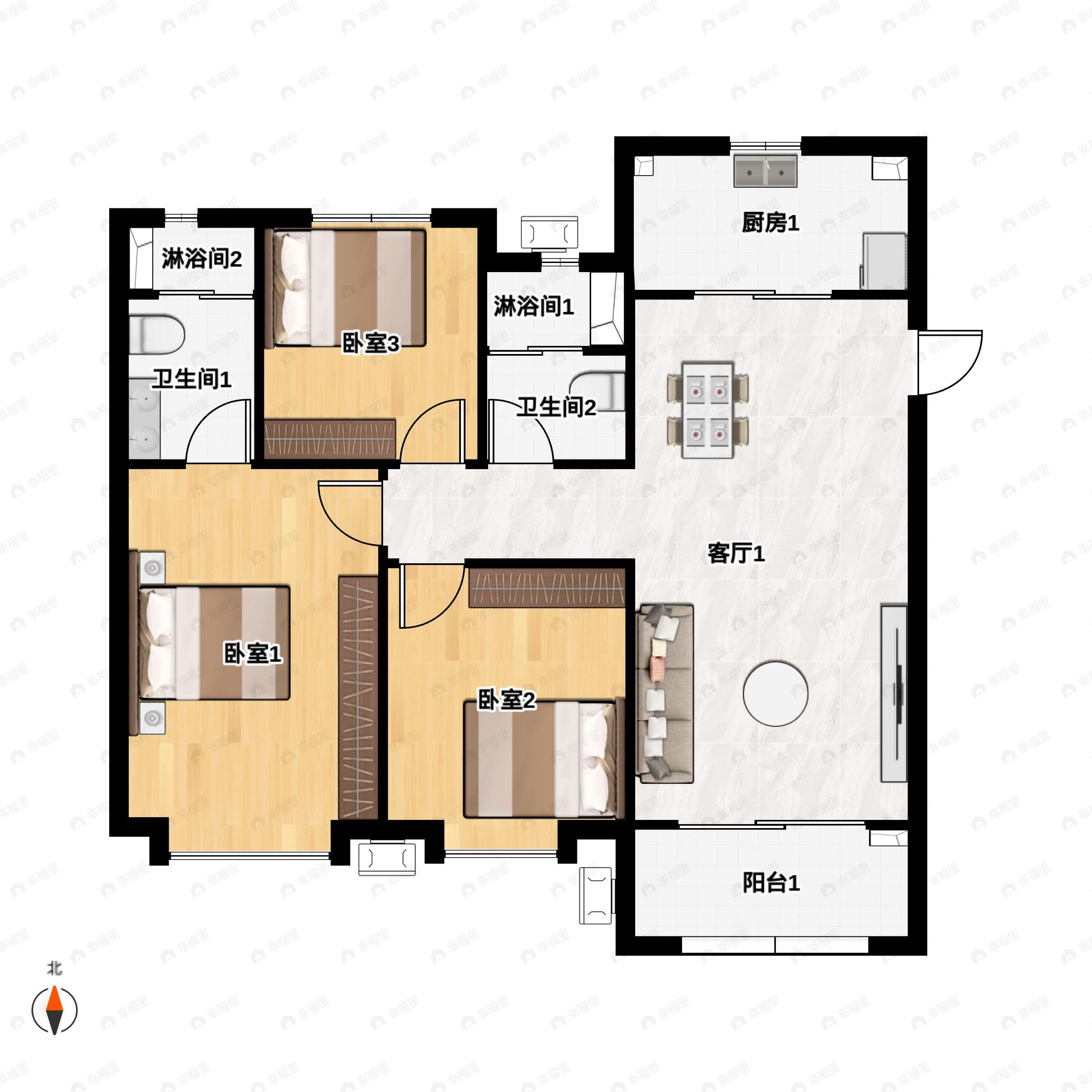3室2厅2卫建面108平北|南户型图