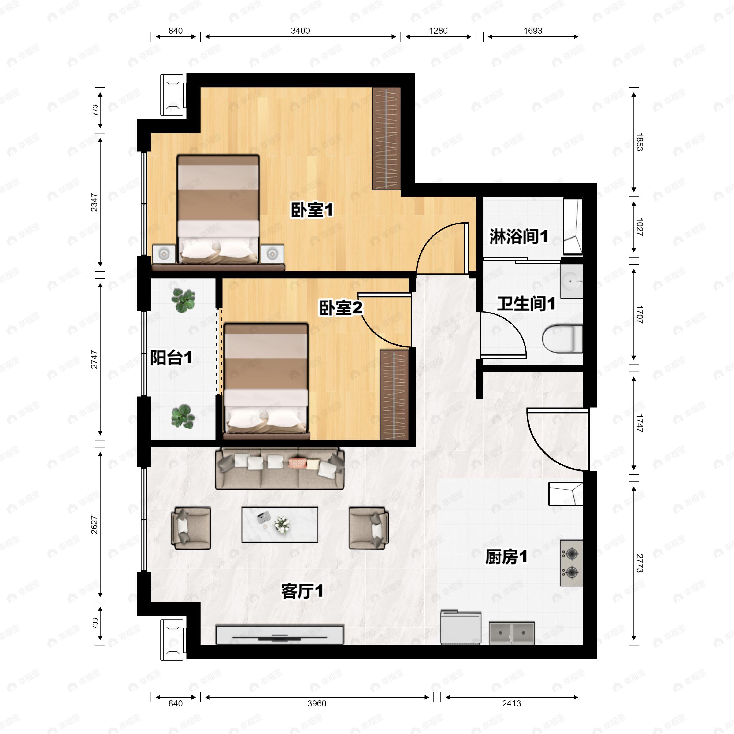 2室1厅1卫建面83m²西户型图