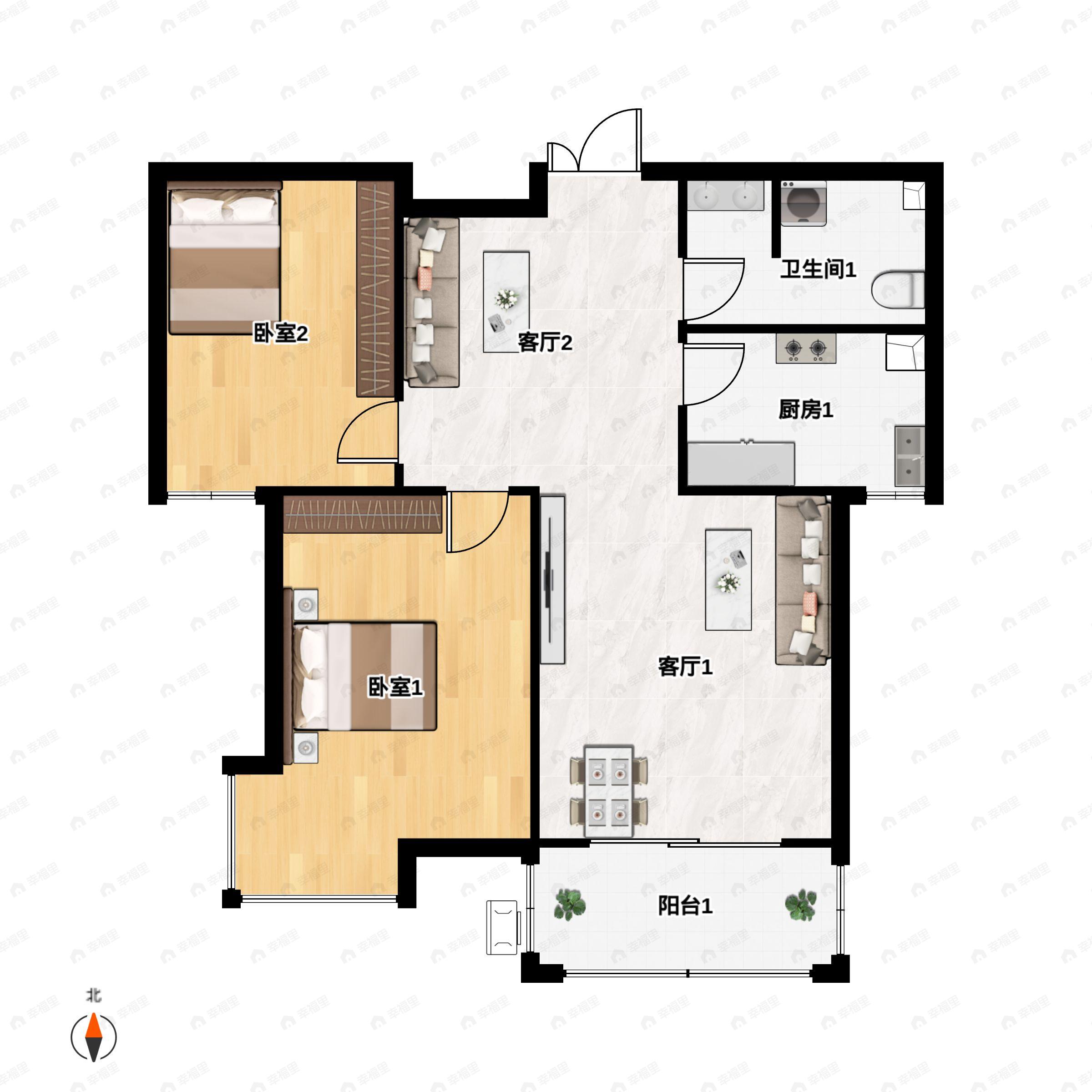 2室2厅1卫建面99m²南|北户型图
